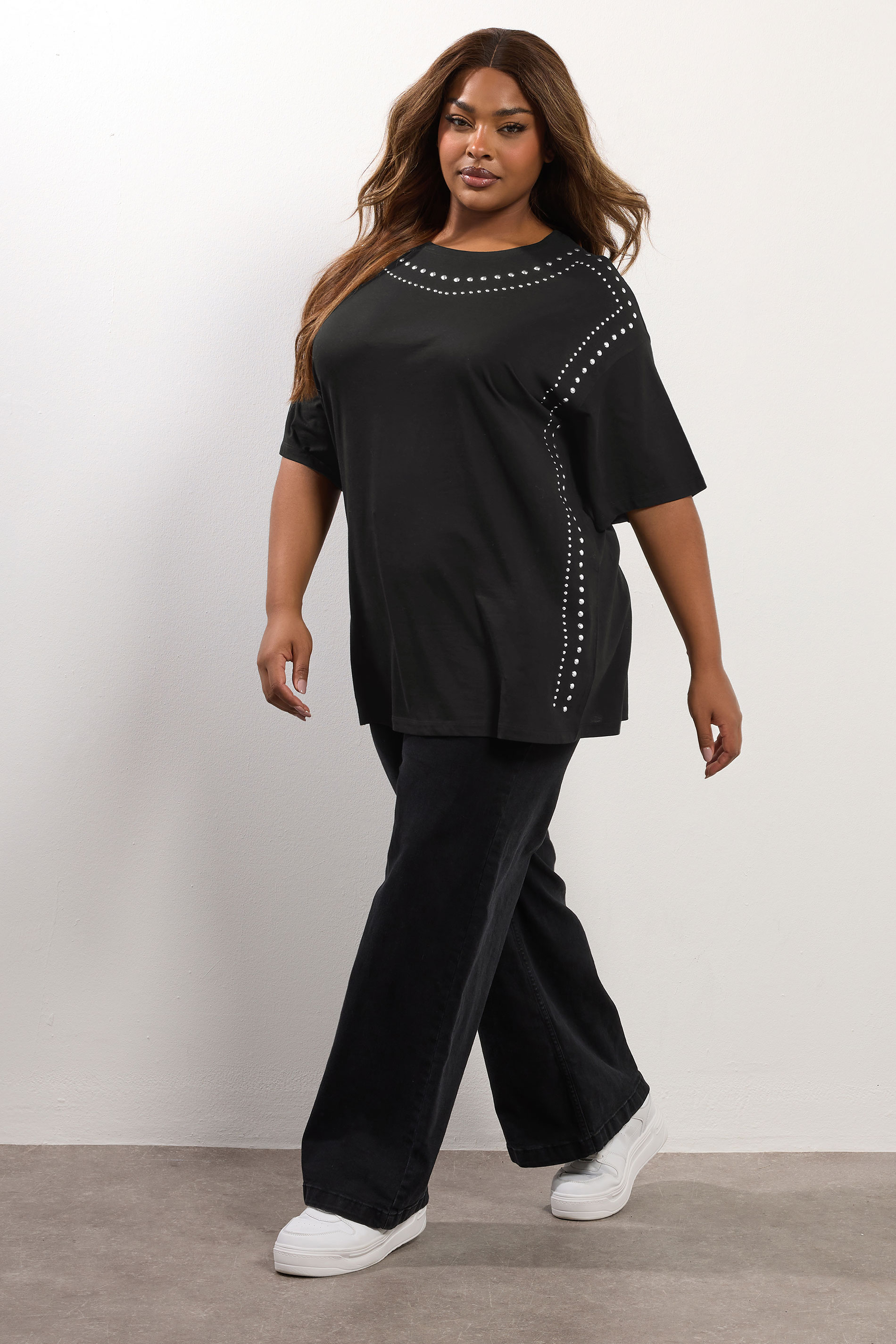 YOURS Plus Size Black Studded Oversized T-Shirt | Yours Clothing 2