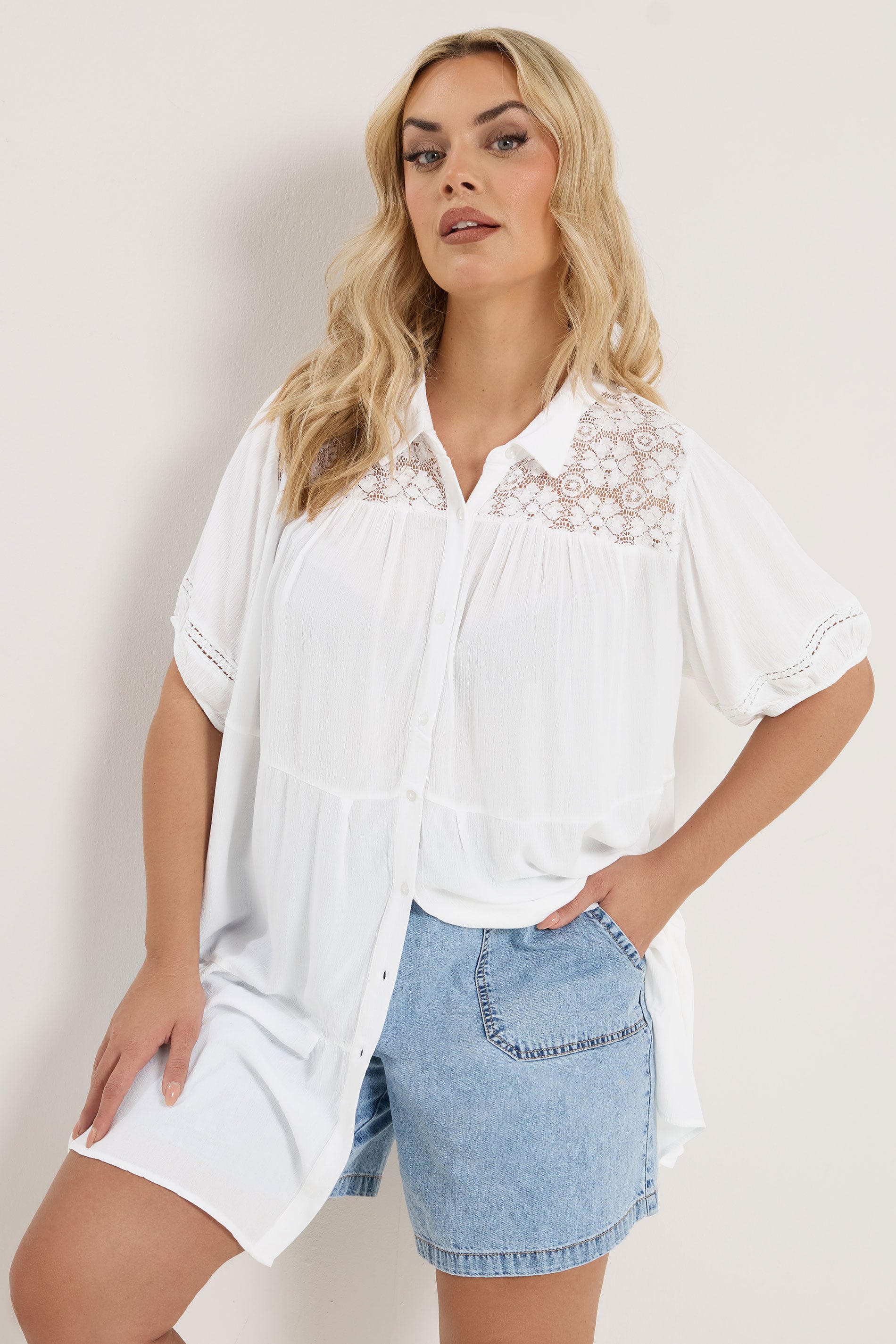 YOURS Plus Size White Tiered Crochet Detailed Shirt | Yours Clothing 3