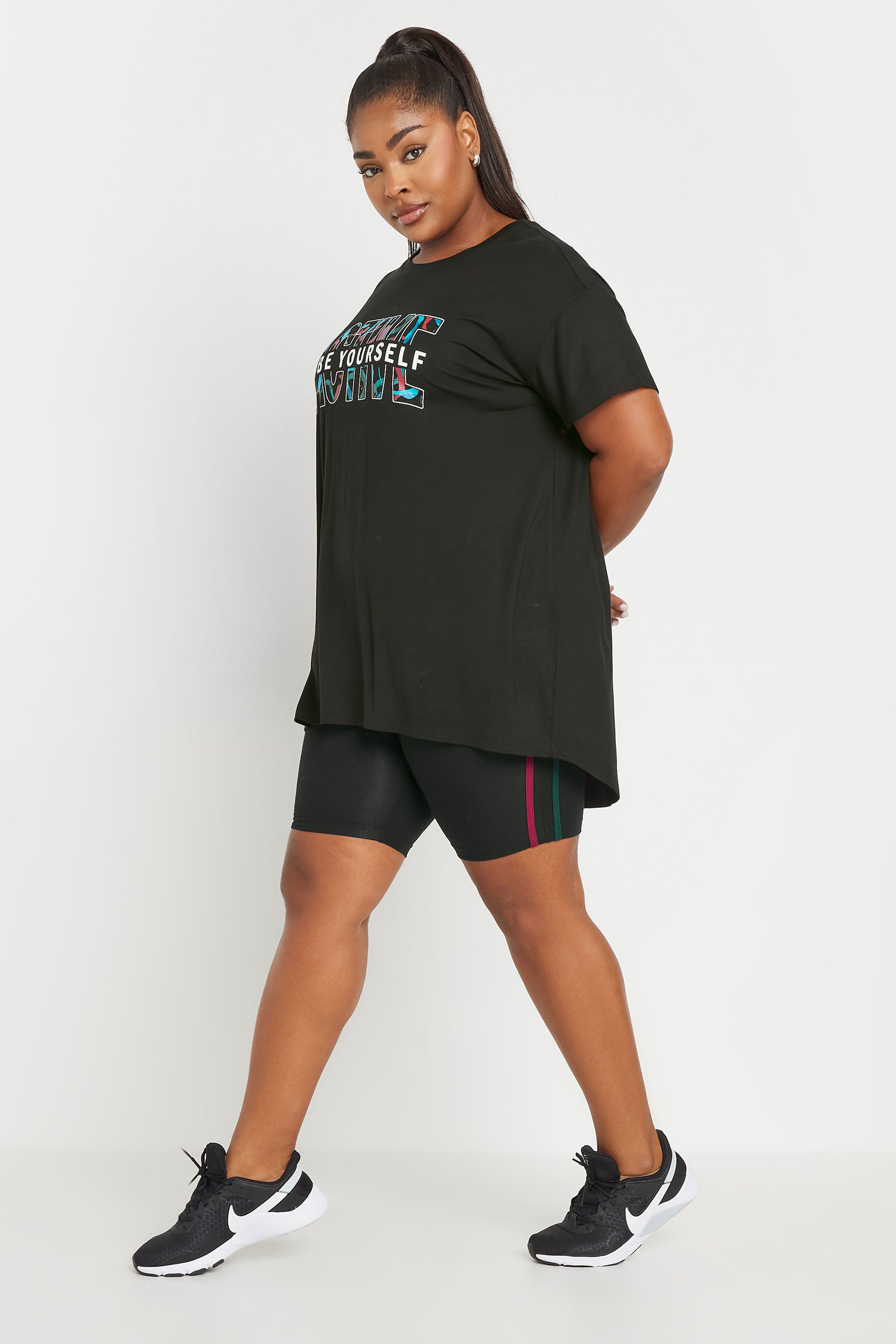 YOURS ACTIVE Plus Size Black Side Stripe Stretch Shorts | Yours Clothing 1