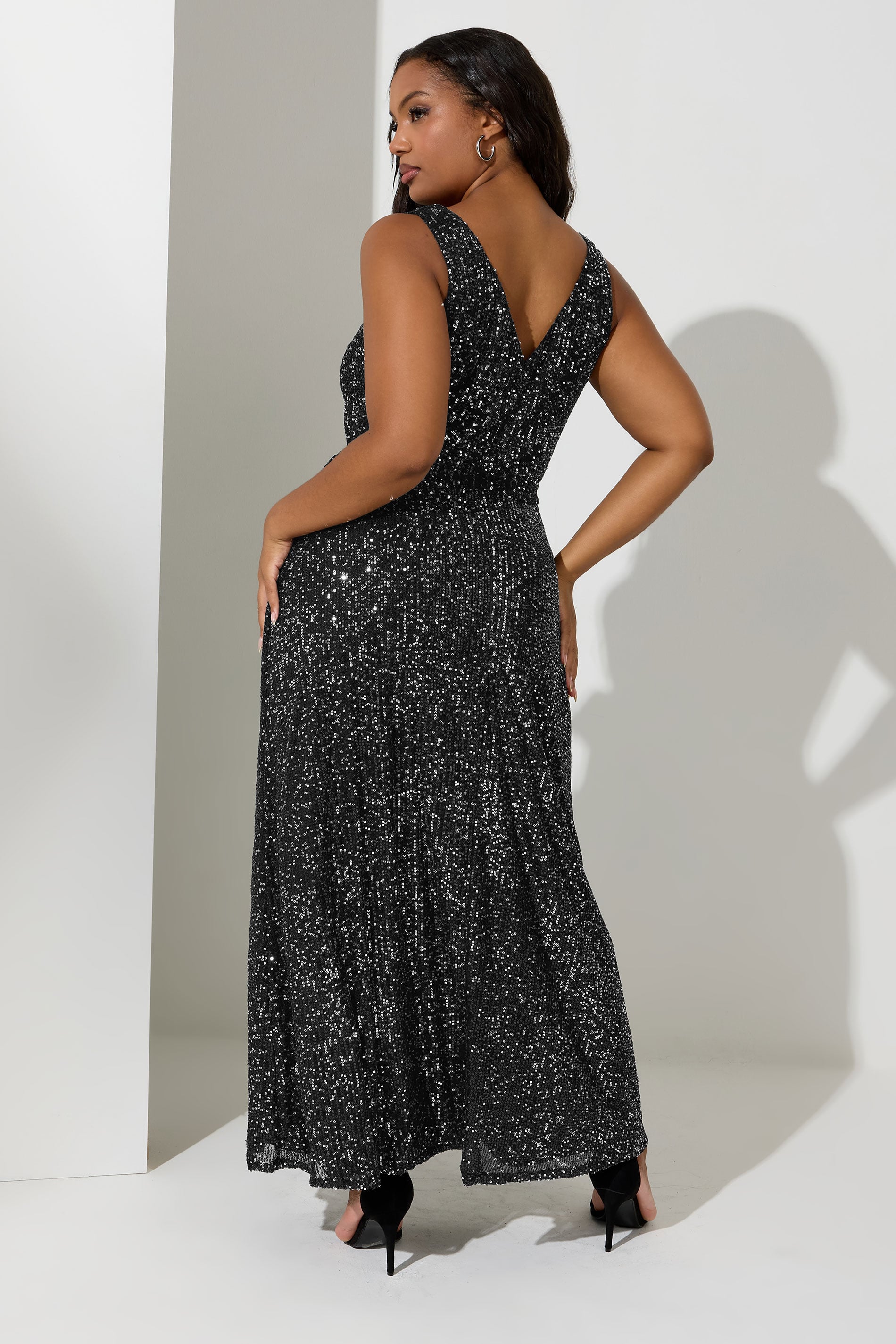 YOURS LONDON Plus Size Black Sequin V-Neck Maxi Dress | Yours Clothing 2