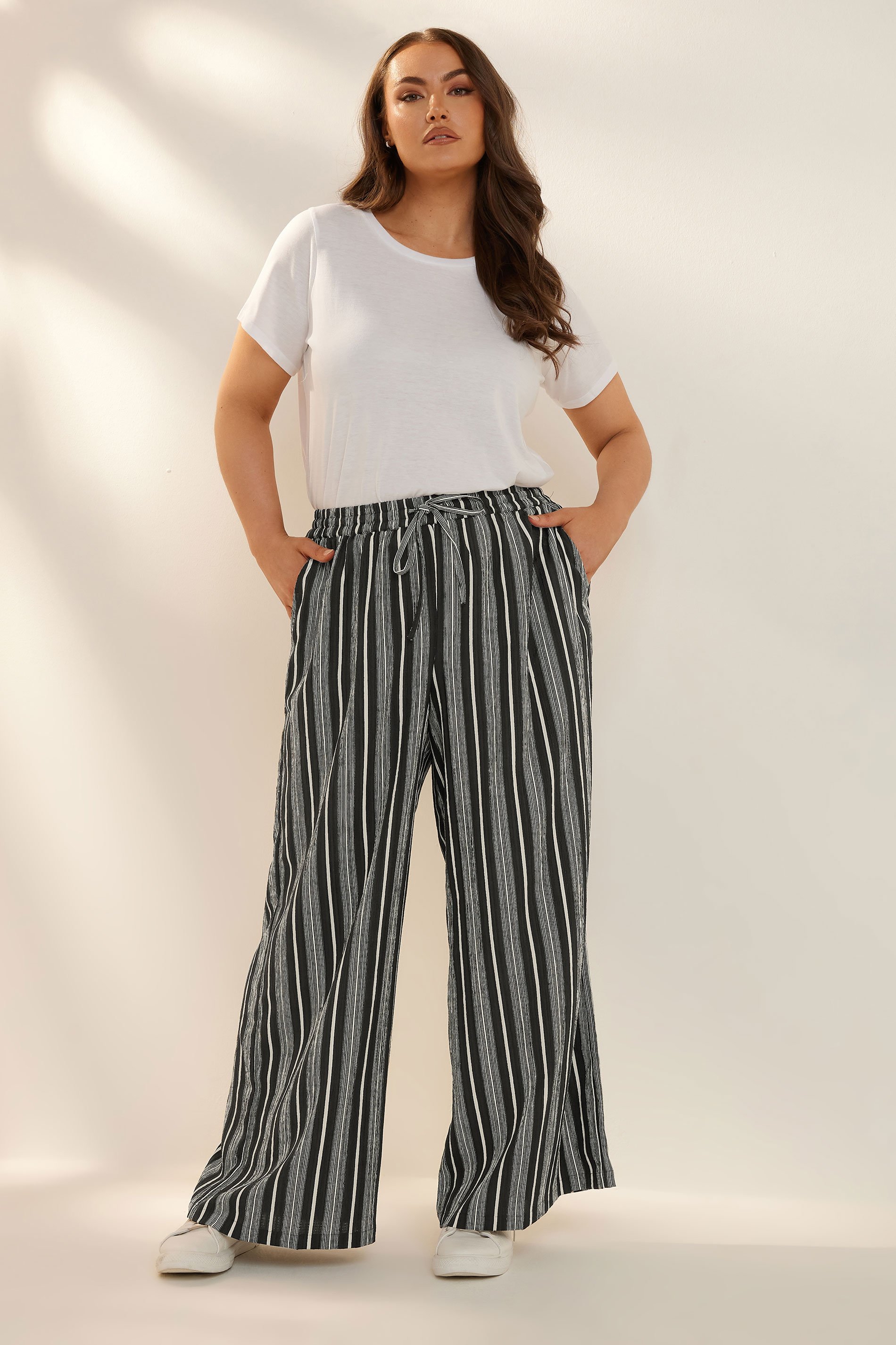 YOURS Plus Size Black Stripe Textured Wide Leg Trousers | Yours Clothing 2