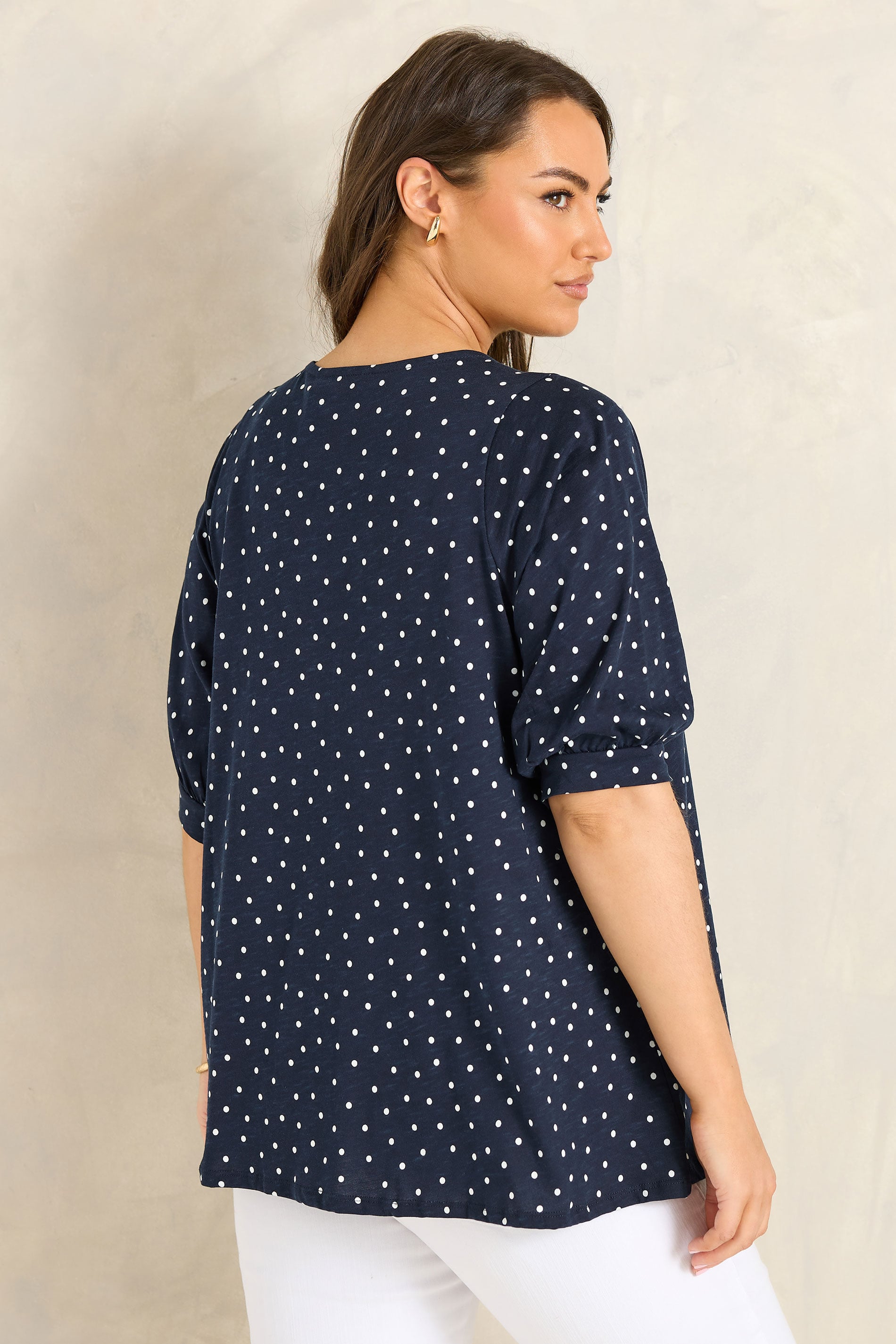 EVANS Curve Navy Blue Polka Dot Cotton Top | Evans 2