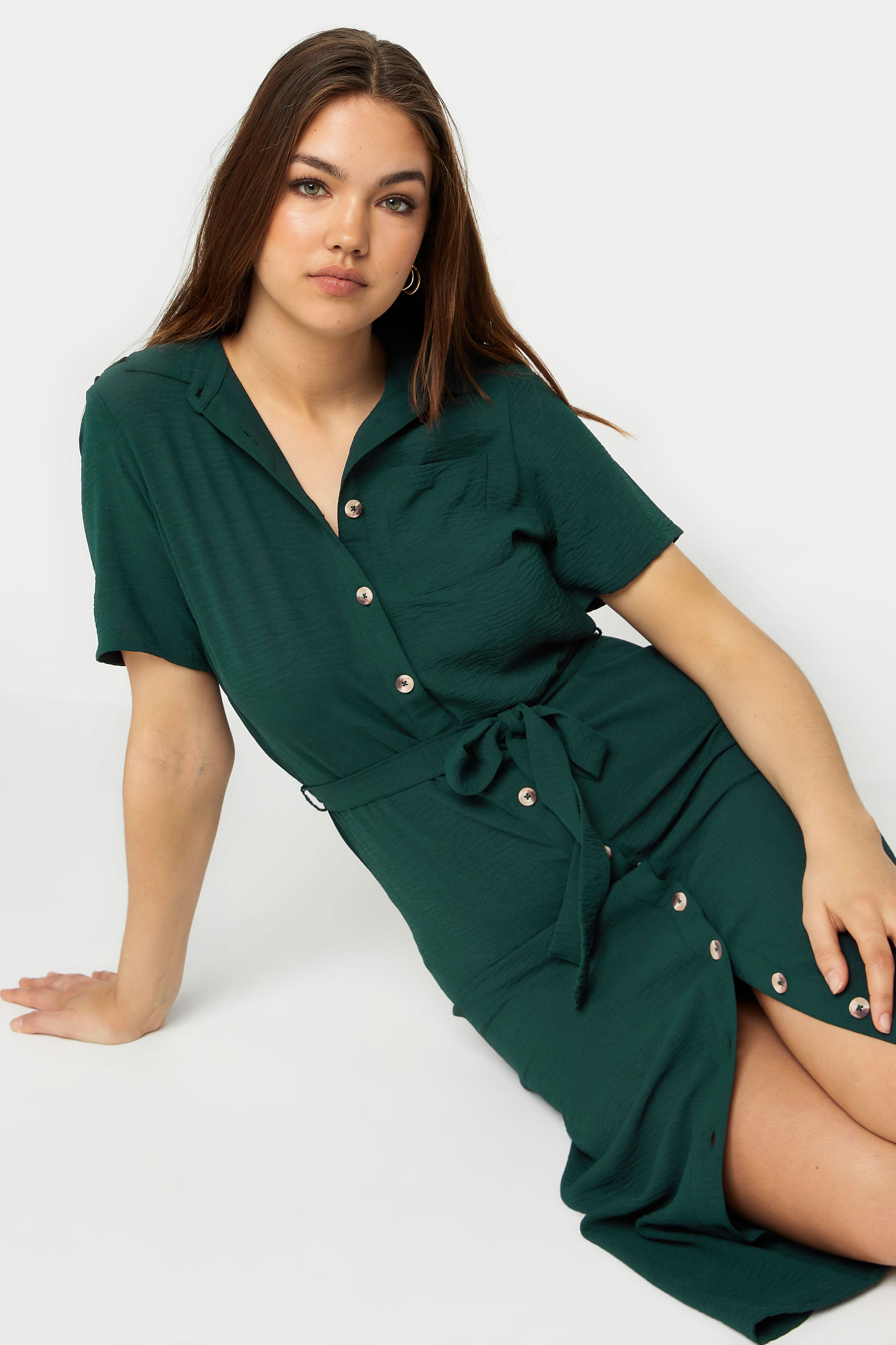 LTS Tall Women's Dark Green Button Through Midi Dress | Long Tall Sally 3