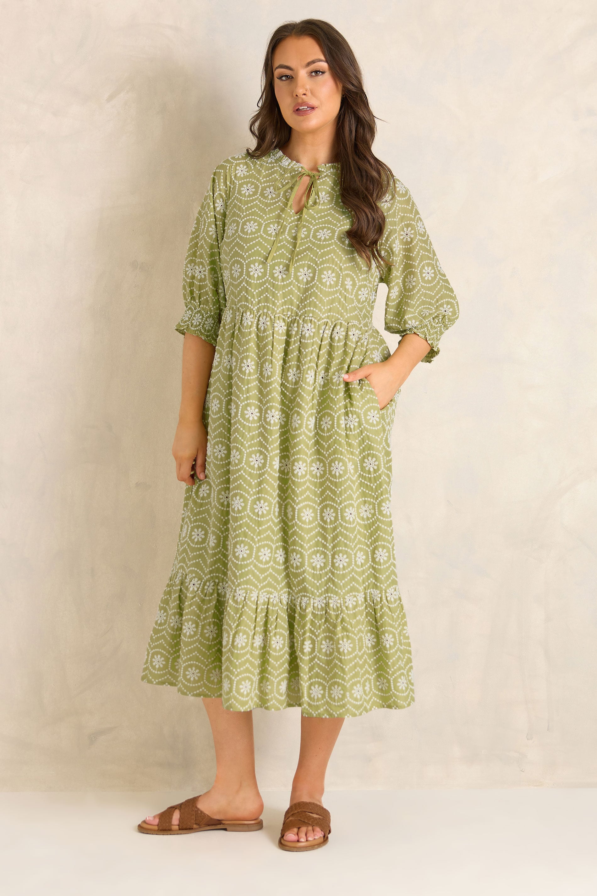 EVANS Plus Size Green Tie Neck Broderie Cotton Maxi Dress | Evans 1