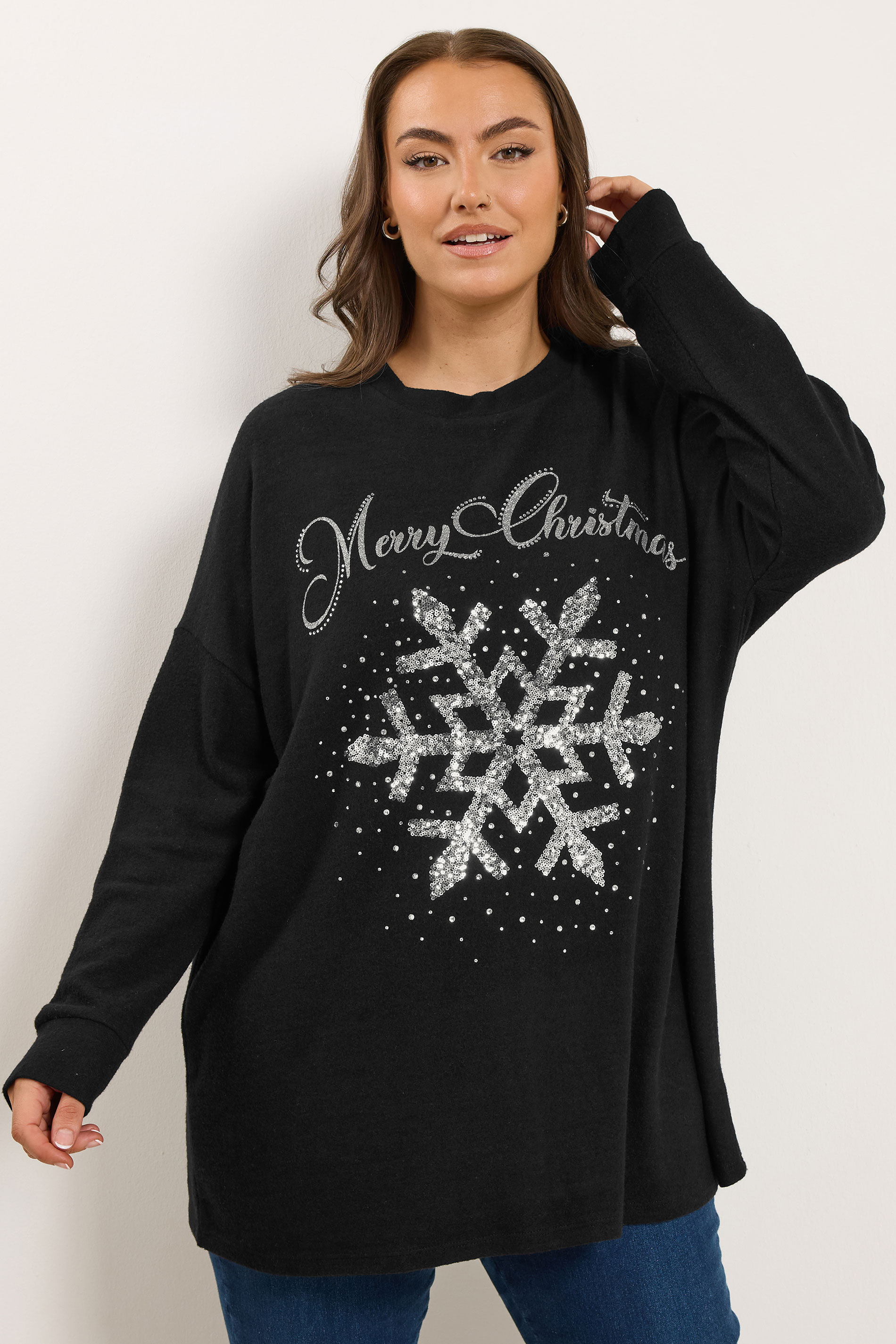 YOURS Plus Size Black Sequin Snowflake Novelty Christmas Jumper | Yours Clothing 3