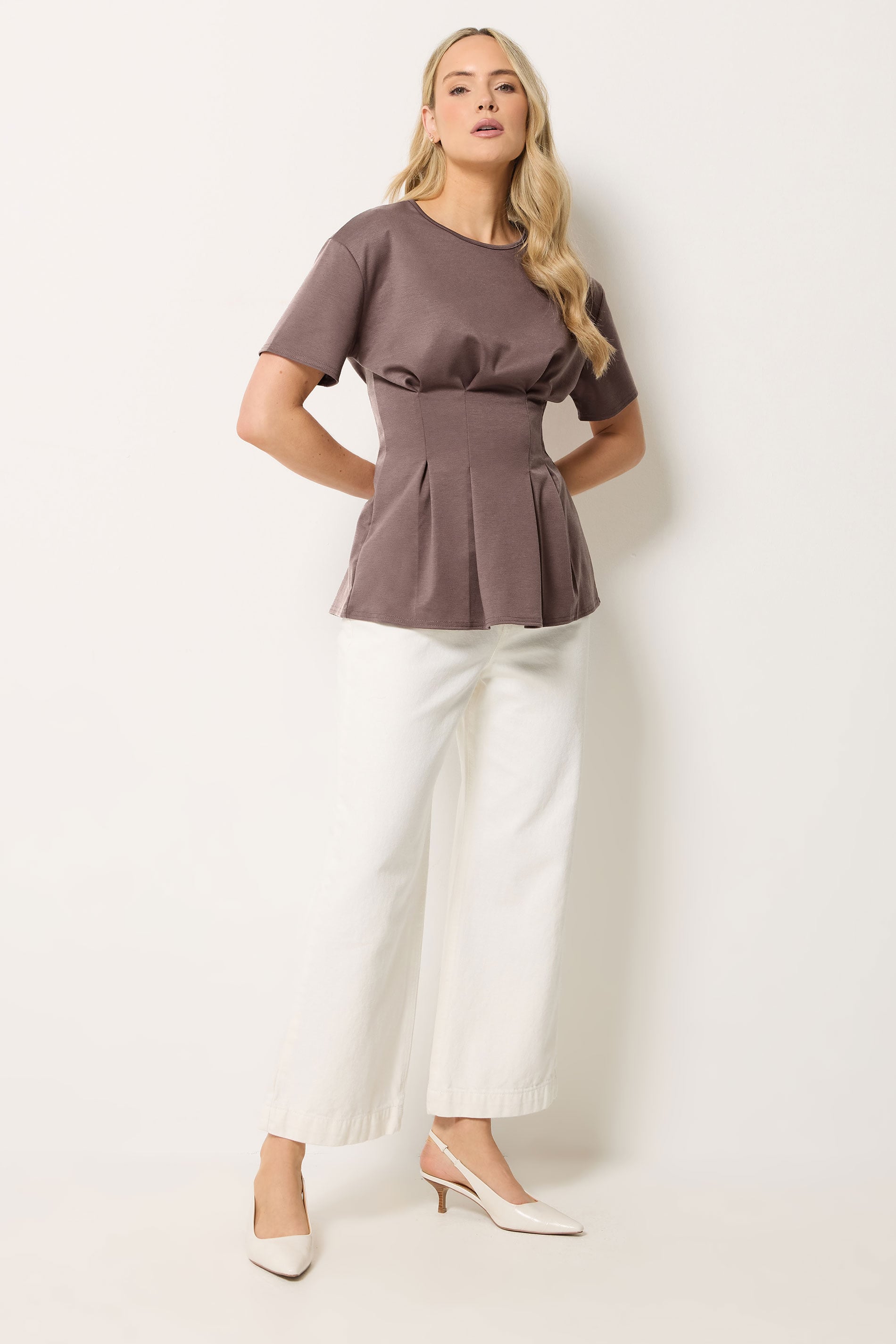 LTS Tall Women's Mocha Brown Pleated Detail Top | Long Tall Sally 1