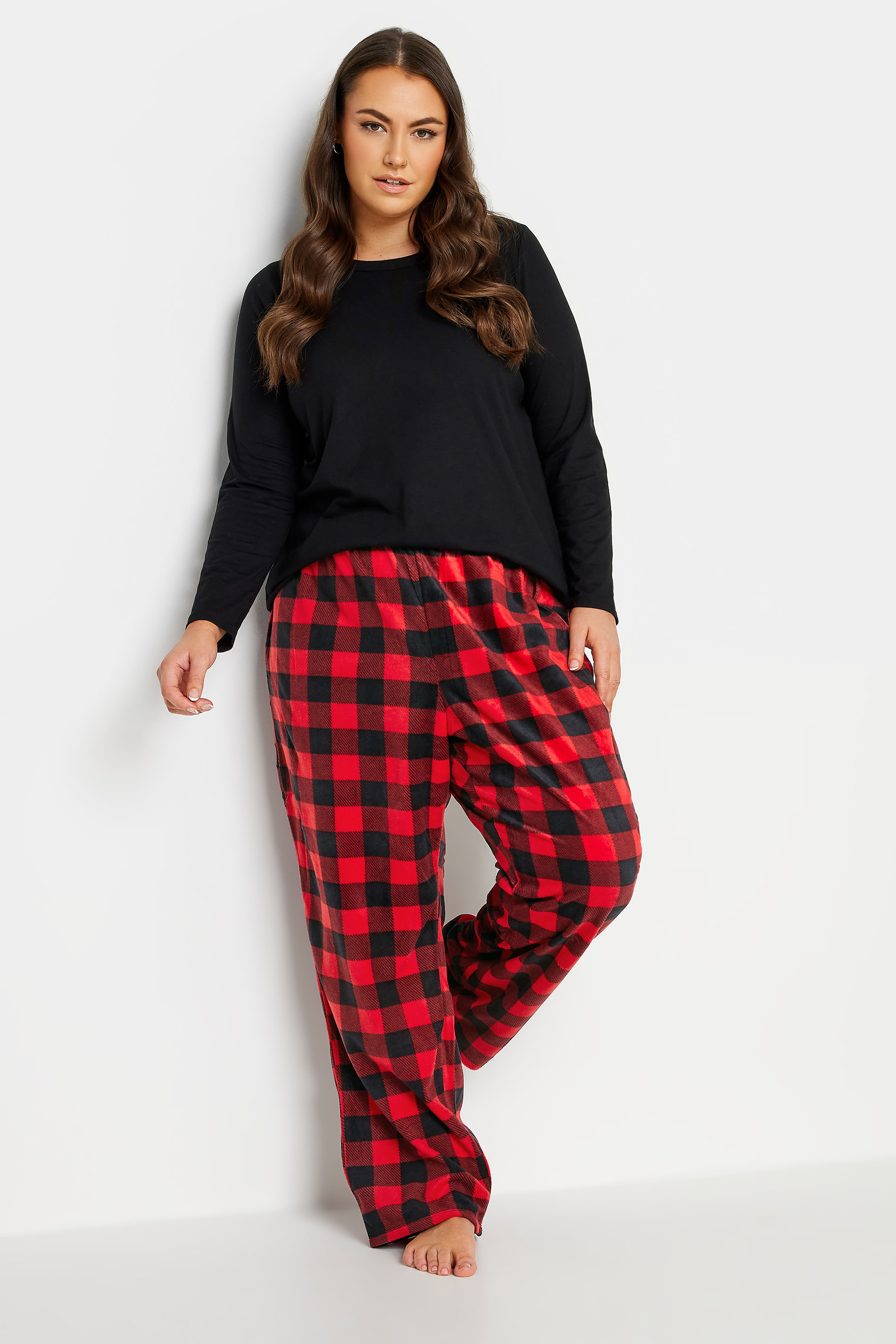 YOURS Curve Plus Size Red Tartan Print Fleece Pyjama Bottoms | Yours Clothing  3