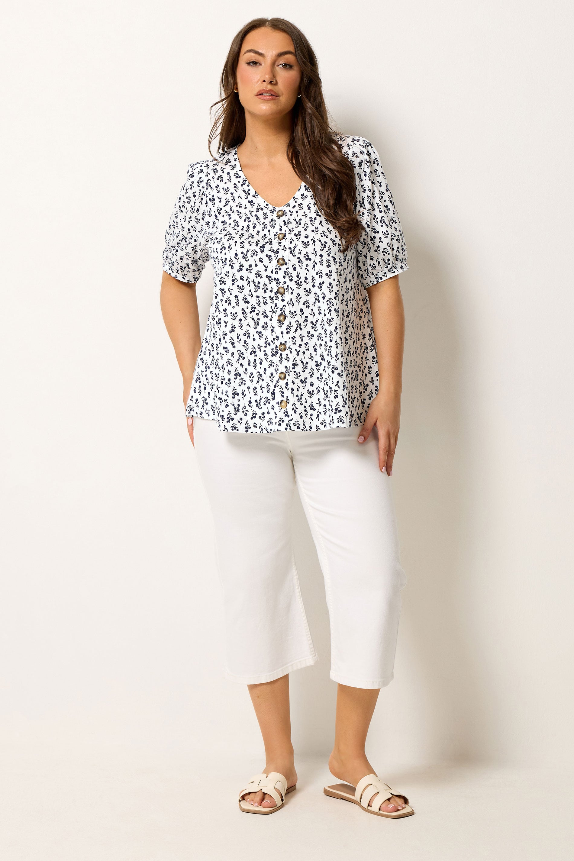YOURS Plus Size White Floral Button Front Top | Yours Clothing 1