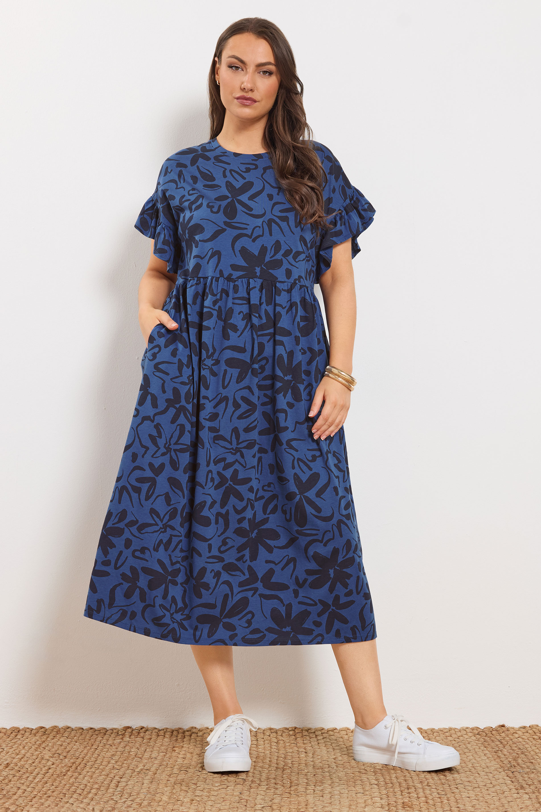 YOURS Plus Size Navy Blue Abstract Floral Midi Dress | Yours Clothing 3