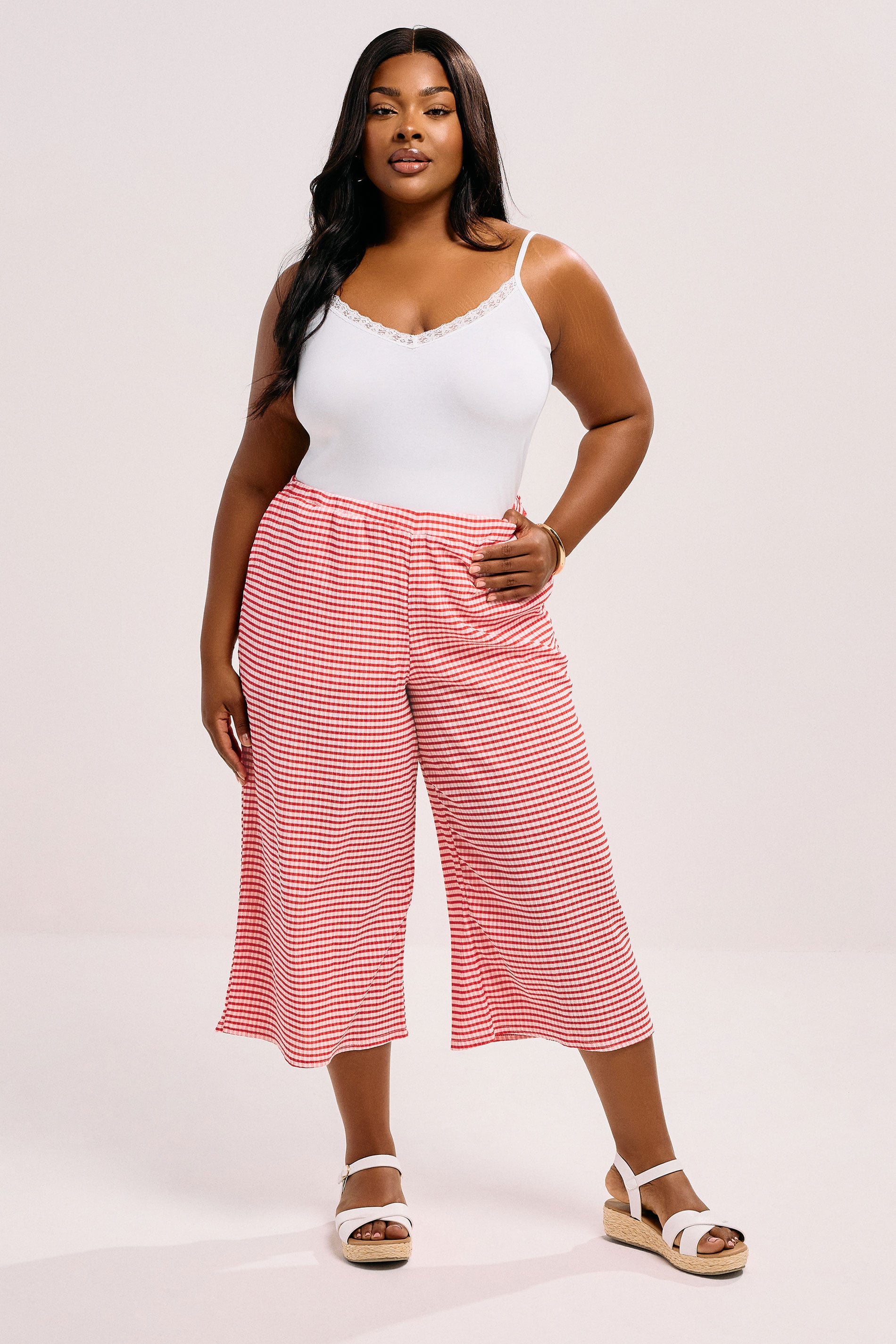 YOURS Plus Size Red Gingham Textured Midaxi Culottes | Yours Clothing 3