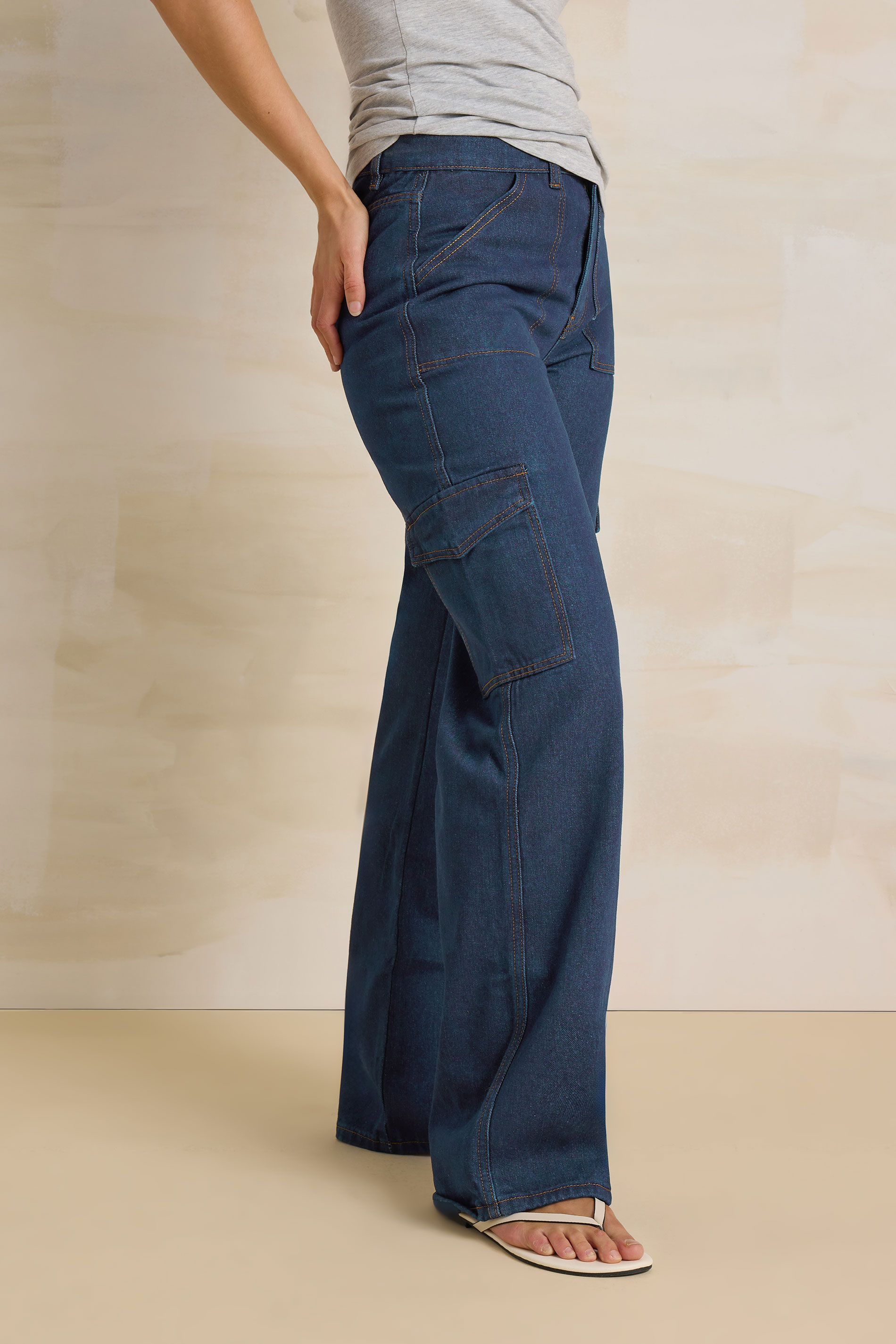 LTS Tall Womens Dark Blue Cotton Wide Leg Cargo Jeans | Long Tall Sally  2