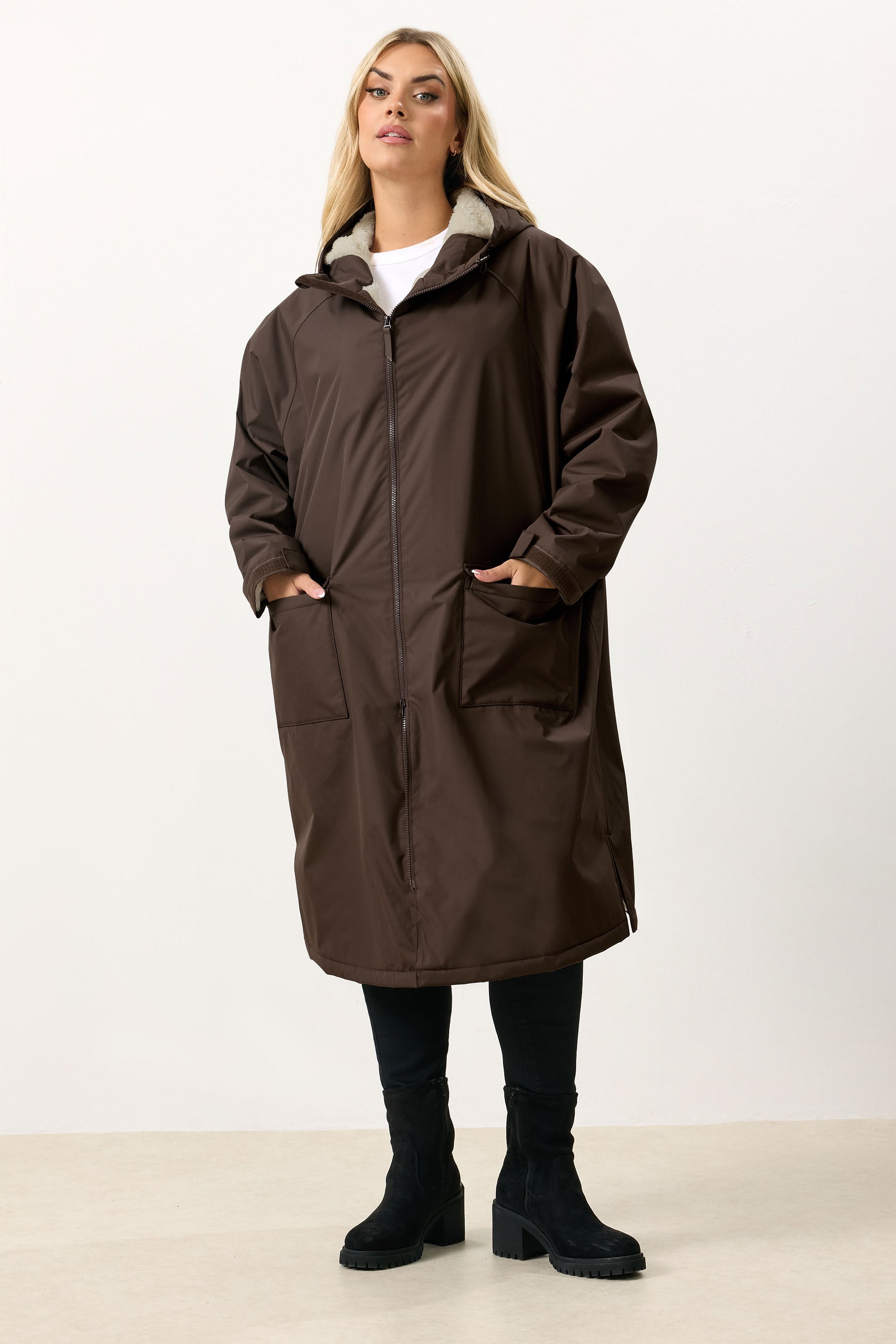 YOURS Plus Size Chocolate Brown Waterproof Fleece Lined Changing Robe | Yours Clothing 1