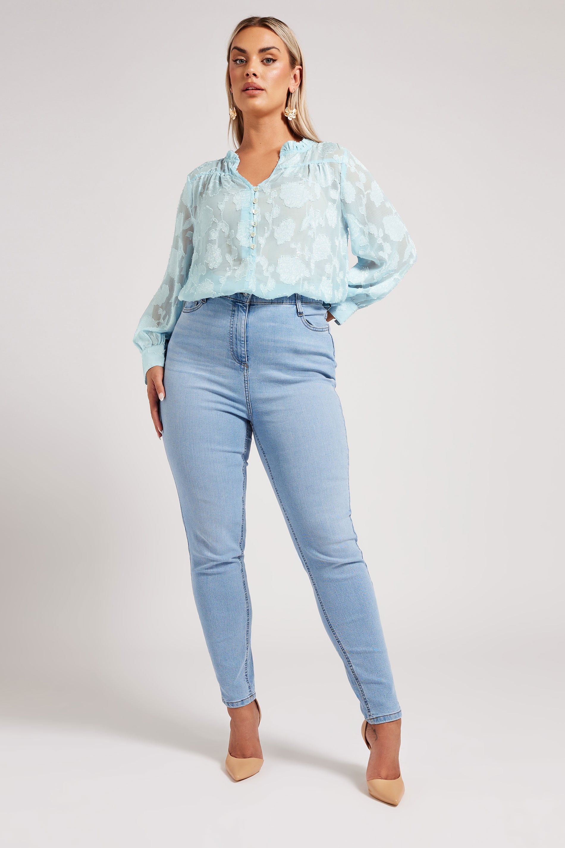 YOURS LONDON Plus Size Blue Floral Jacquard Burnout Blouse | Yours Clothing 1