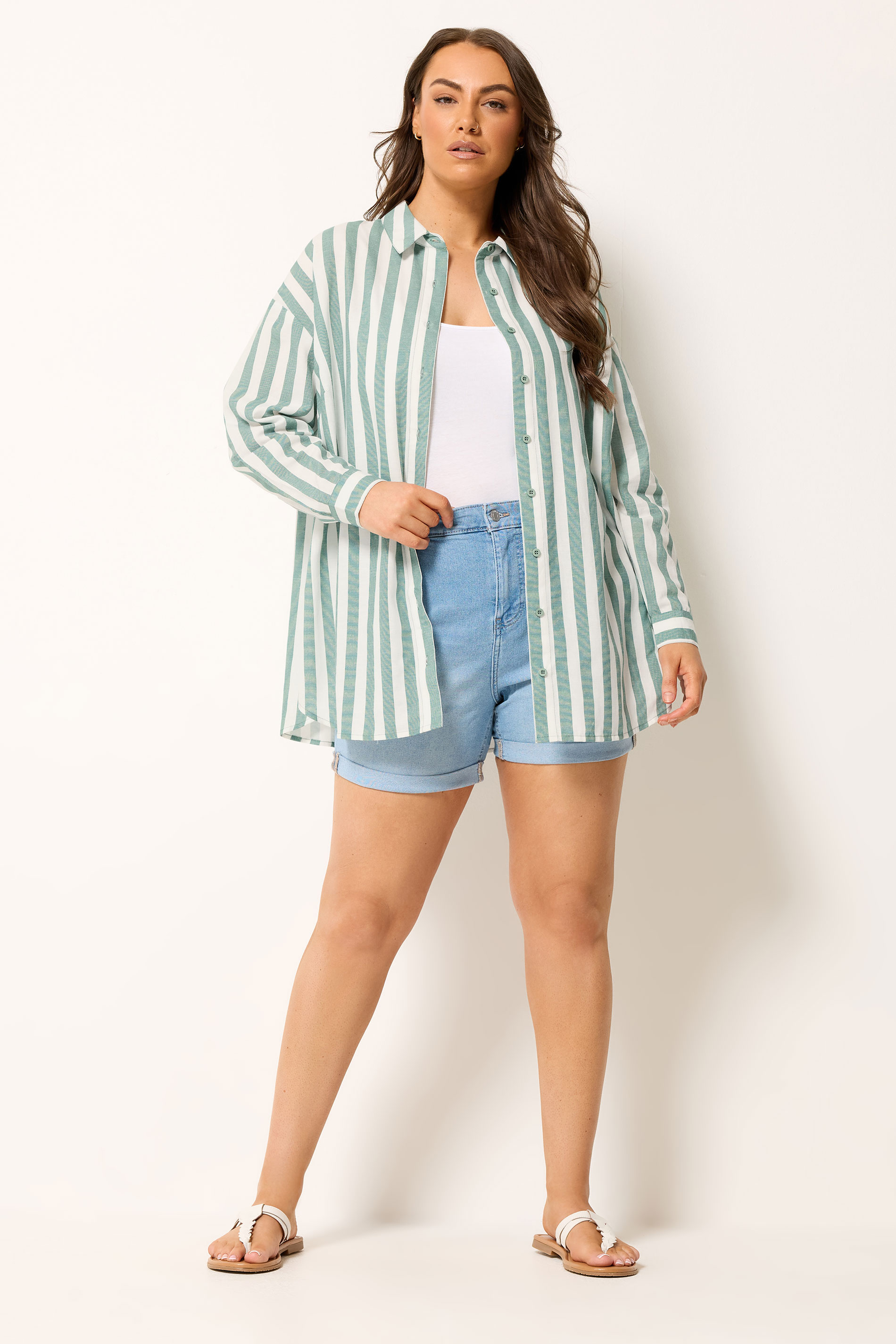YOURS Plus Size Light Green Stripe Linen Shirt | Yours Clothing 2