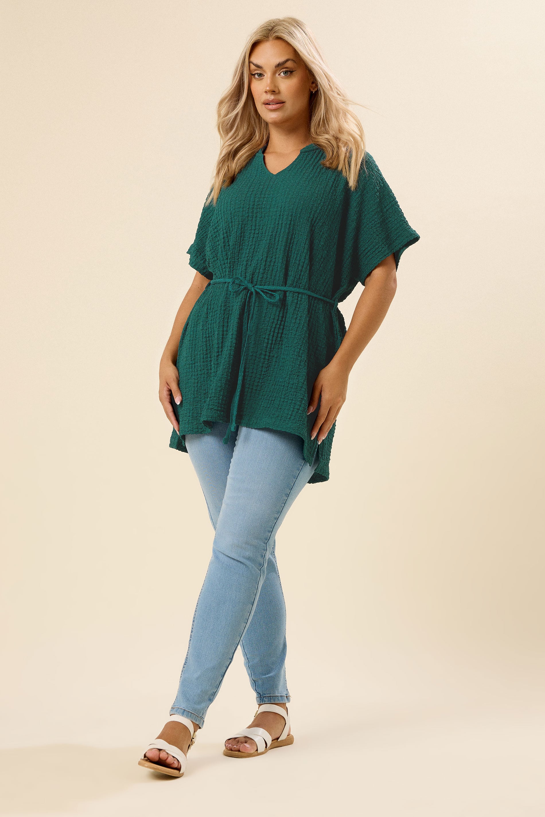 YOURS Plus Size Teal Green Belted Textured Tunic Top | Yours Clothing 1