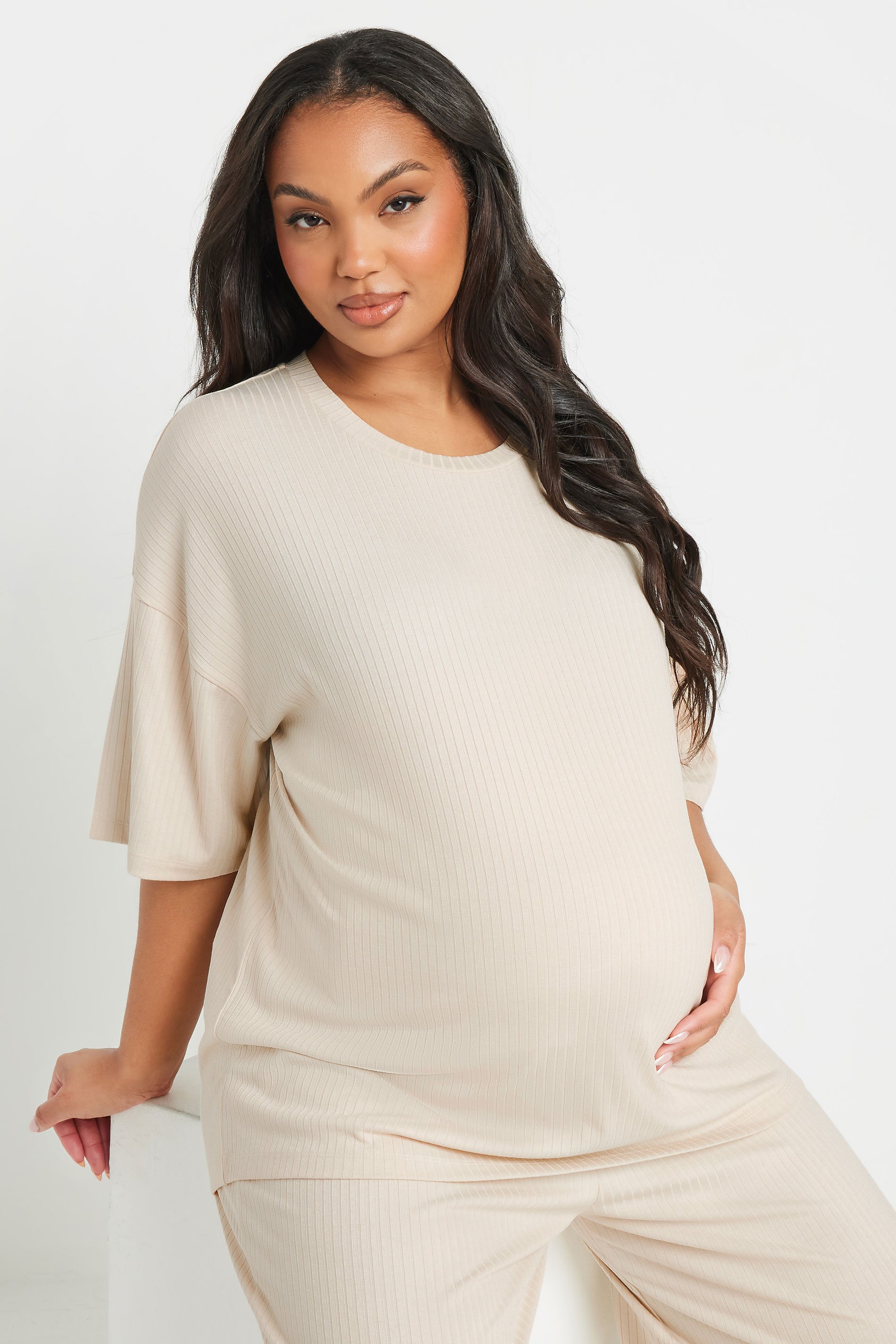 BUMP IT UP MATERNITY Plus Size Cream Premium Ribbed Top | Yours Clothing 1
