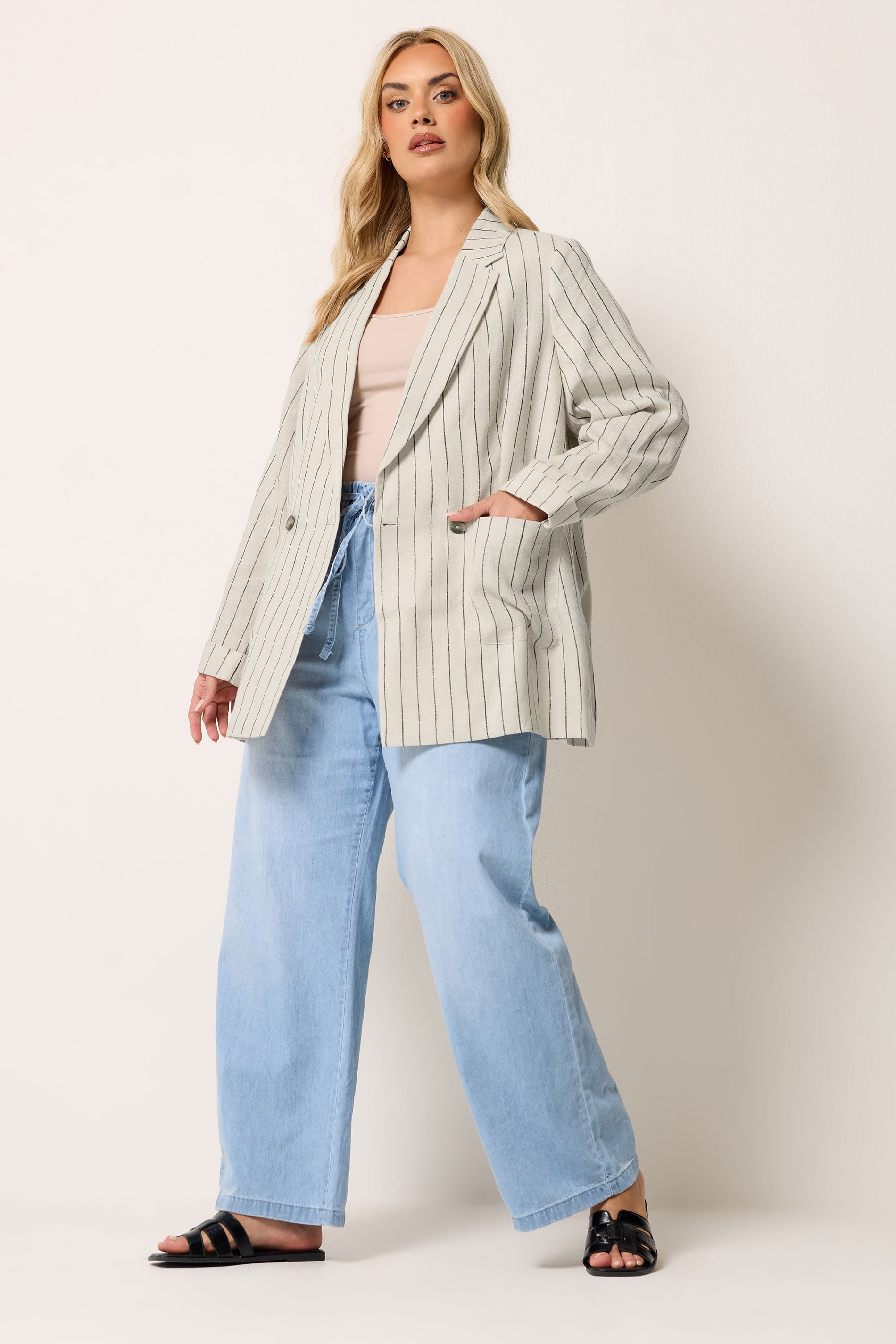 YOURS Plus Size Beige Brown Stripe Tailored Linen Blazer | Yours Clothing 1