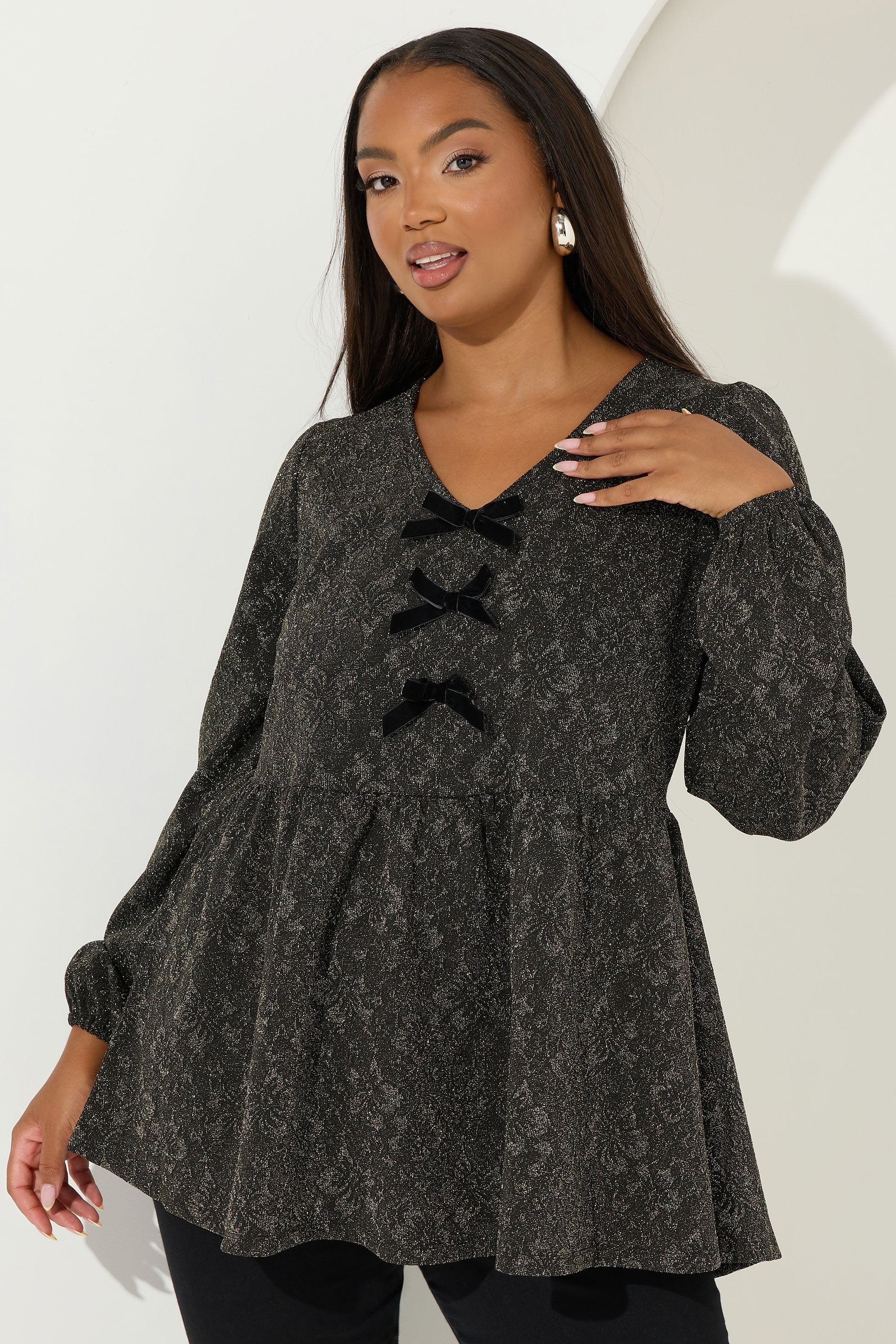 YOURS Plus Size Gold Floral Jacquard Bow Front Top | Yours Clothing 1