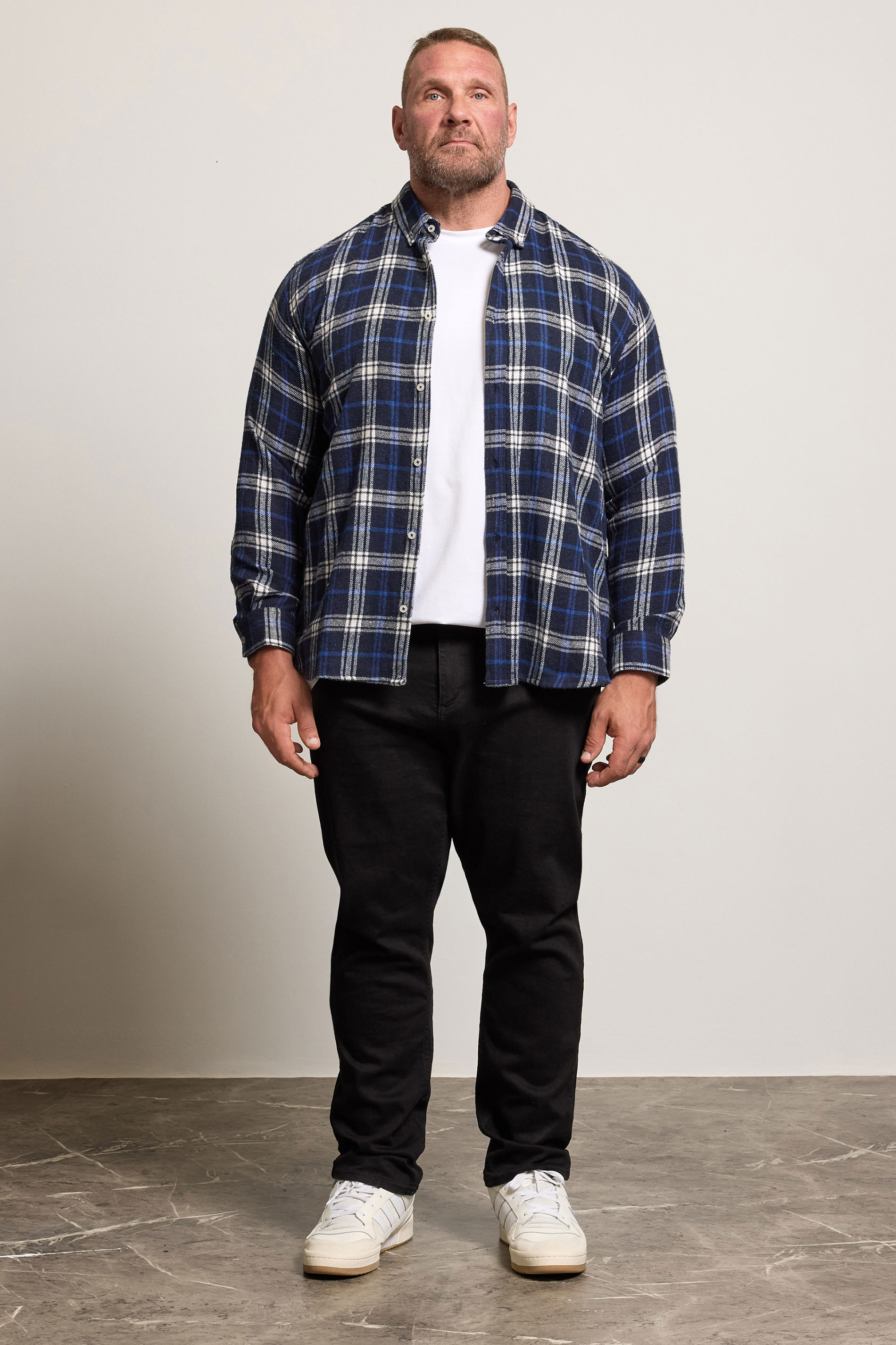 BadRhino Big & Tall White & Navy Blue Brushed Checked Shirt | BadRhino 1