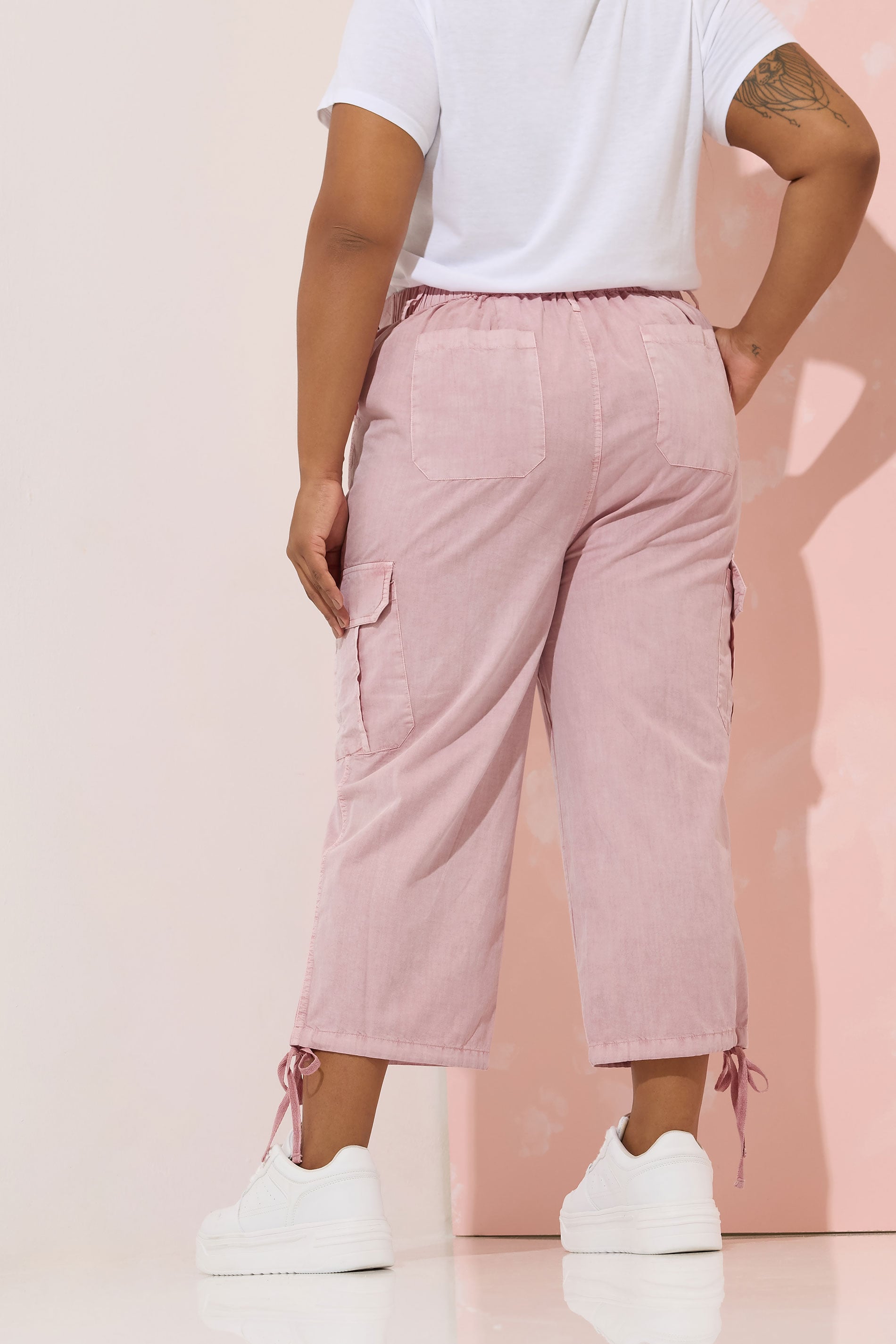 YOURS Plus Size Pink Cotton Cropped Cargo Trousers | Yours Clothing 2