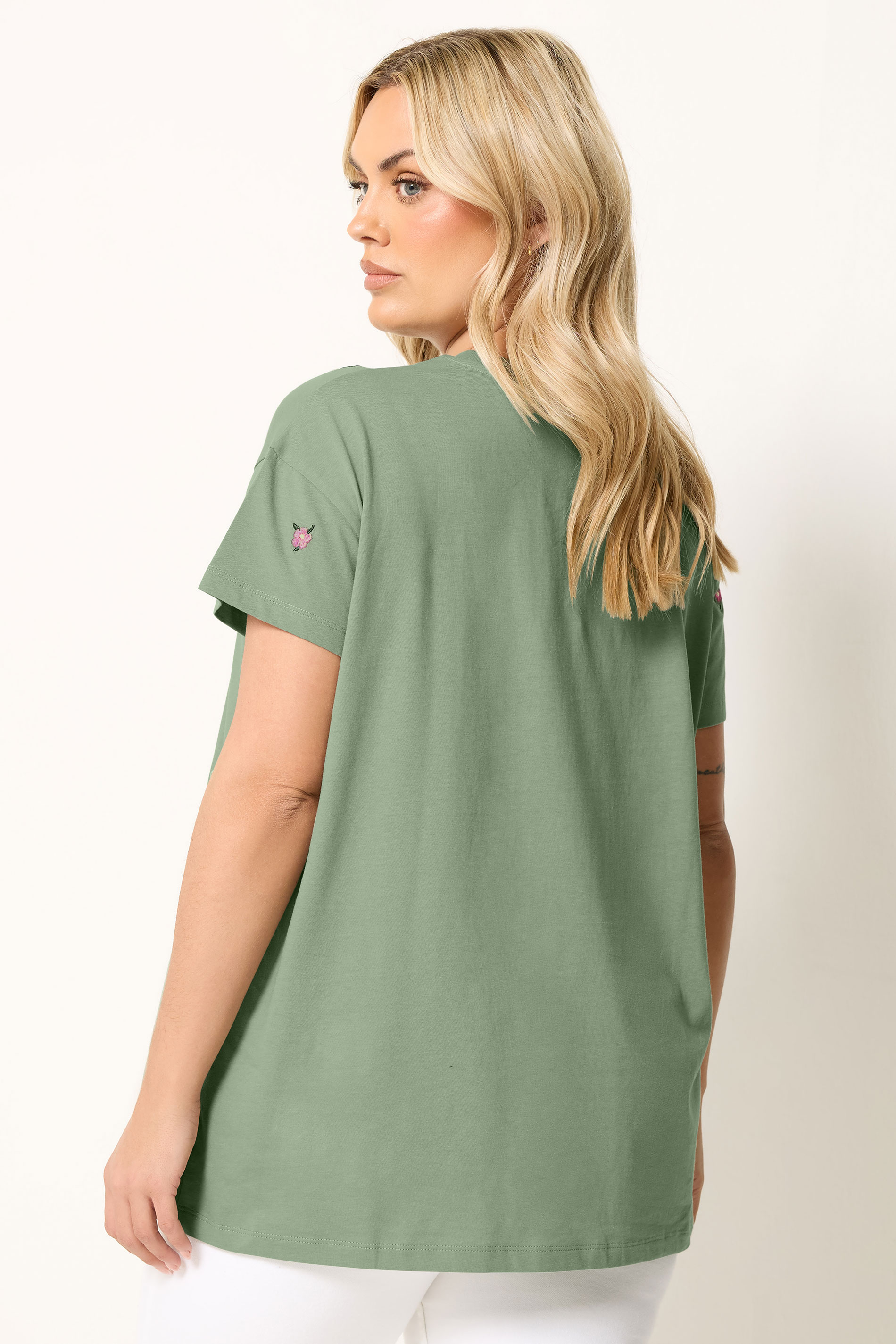 YOURS Plus Size Green Embroidered Flower T-Shirt | Yours Clothing 2