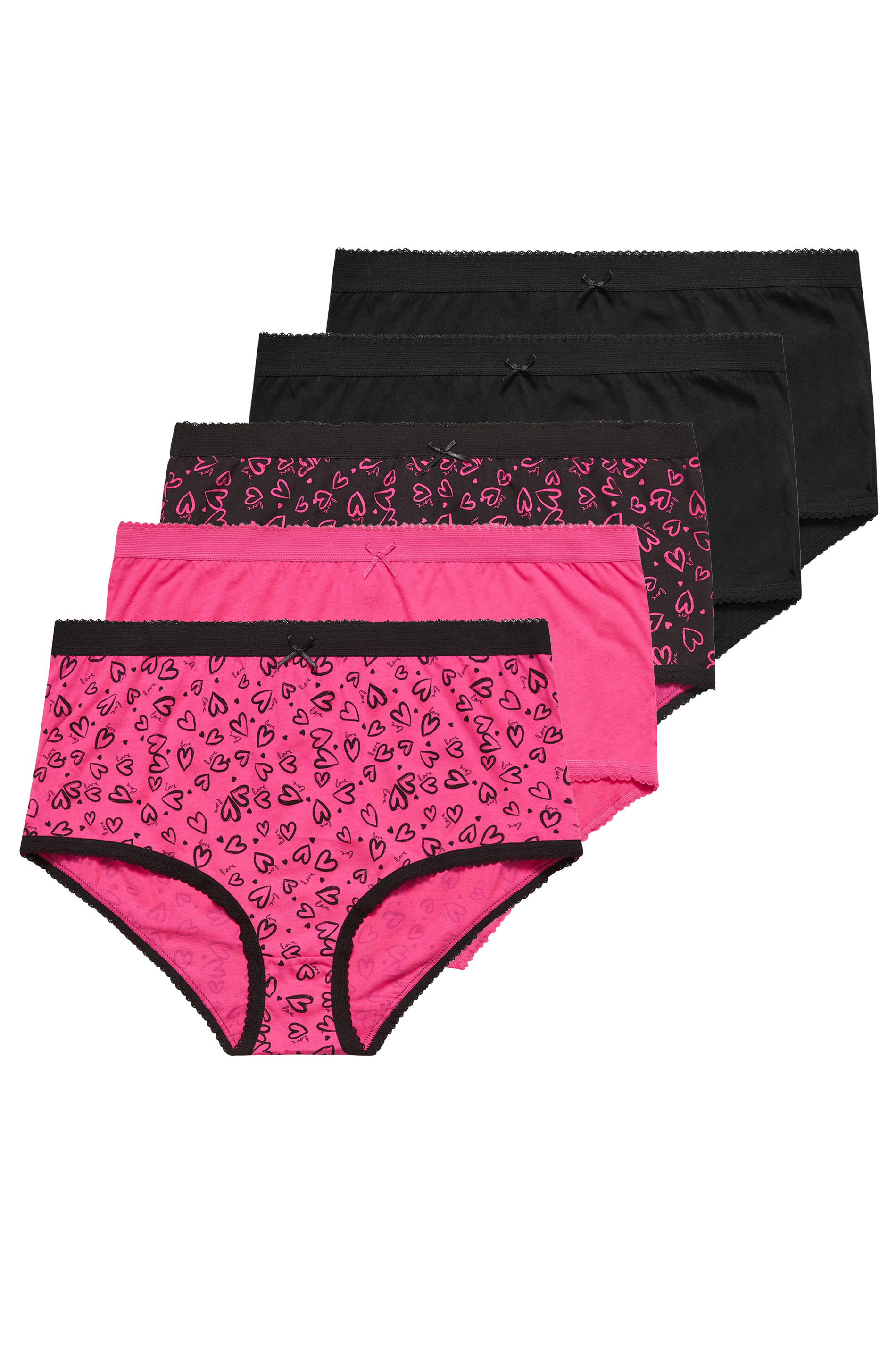 YOURS 5 PACK Plus Size Black & Pink Heart Design High Waisted Full Briefs | Yours Clothing 3