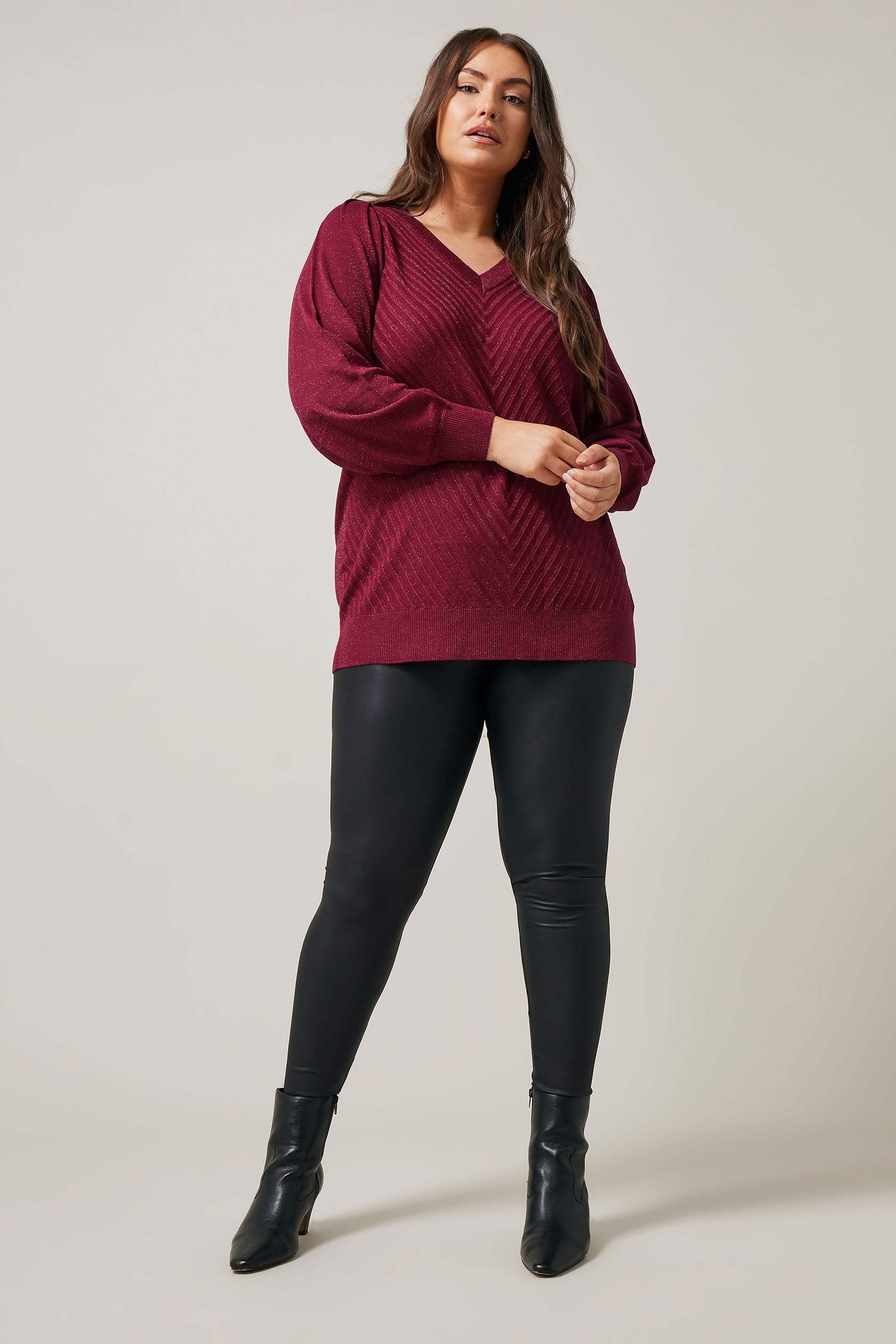 EVANS Plus Size Burgundy Red Metallic Knitted Jumper | Evans 2
