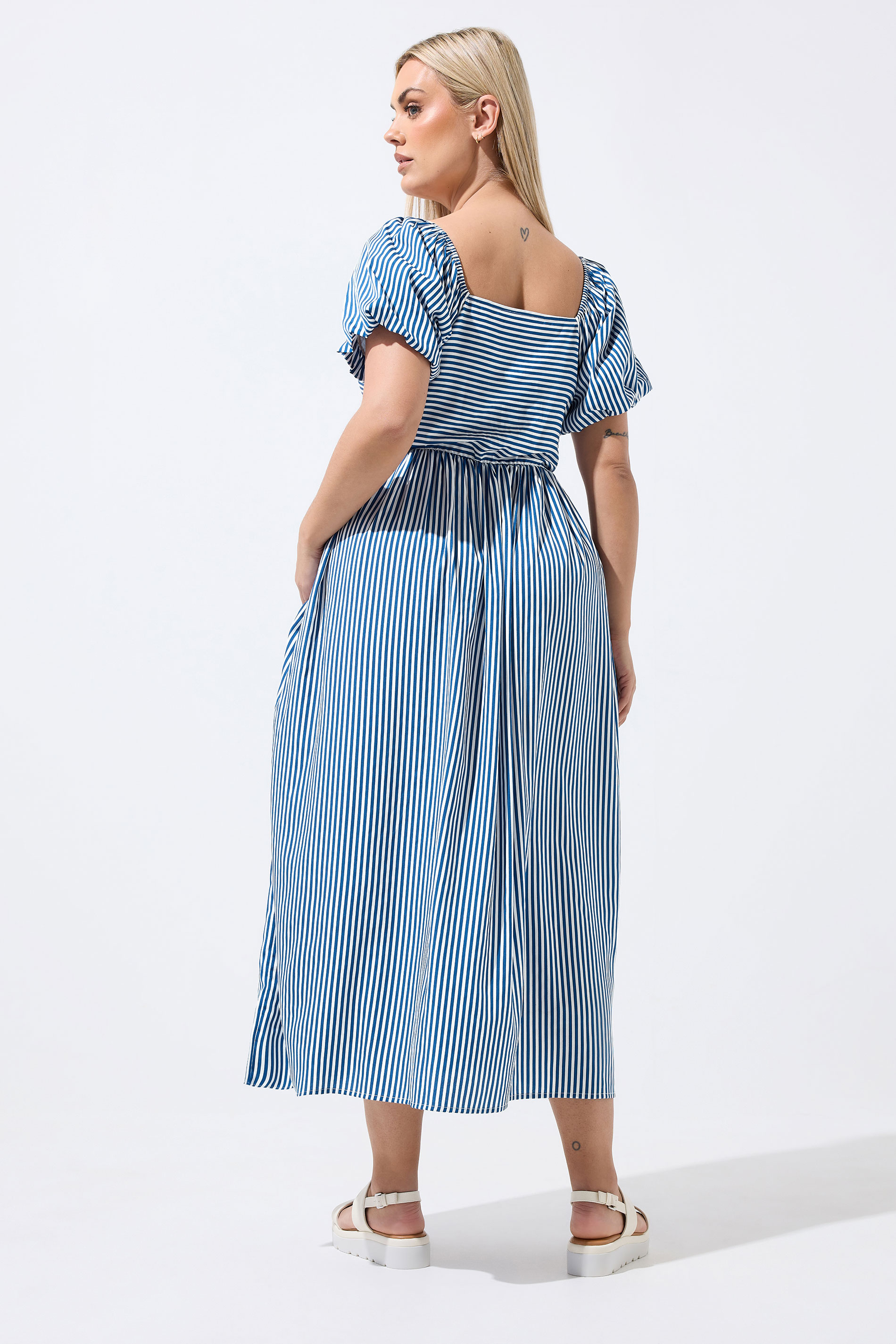 LIMITED COLLECTION Plus Size Blue Stripe Puff Sleeve Dress | Yours Clothing 2