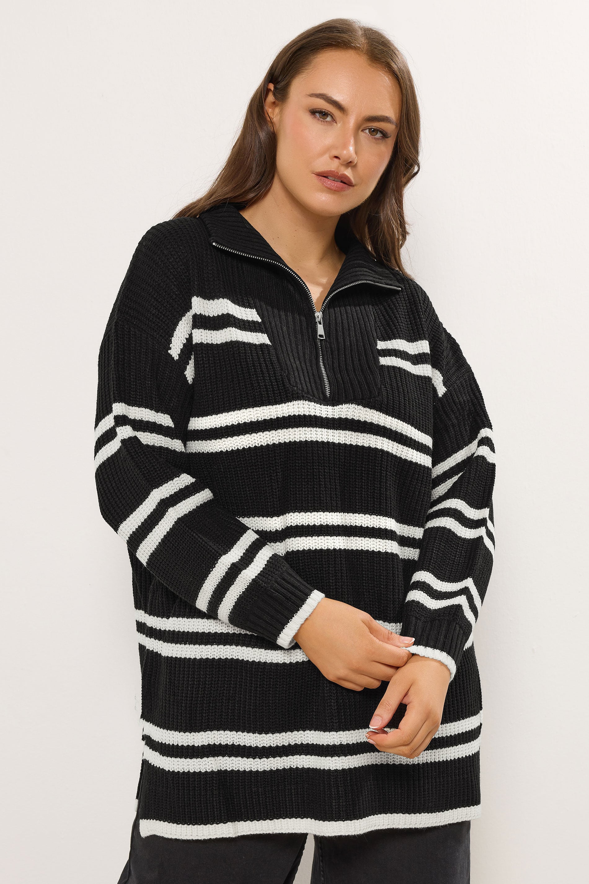 YOURS Plus Size Black Stripe Quarter Zip Jumper | Yours Clothing 3