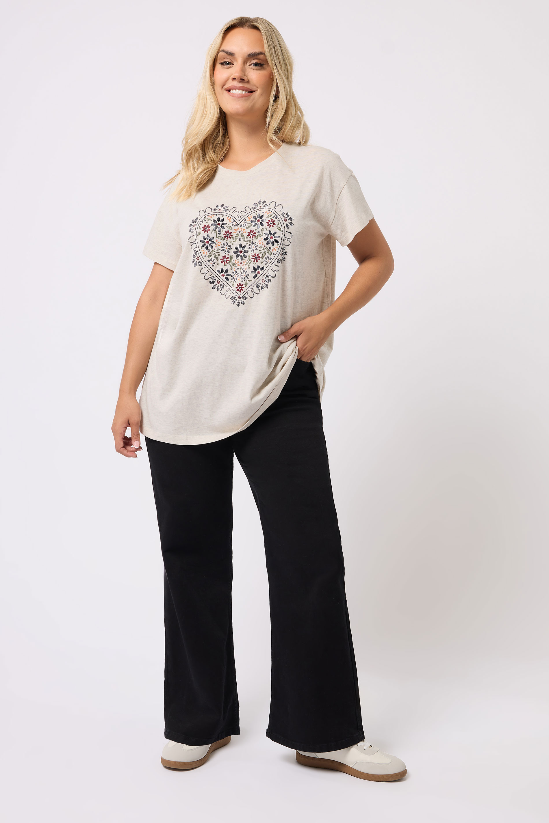 YOURS Plus Size Cream Floral Heart Embroidered T-Shirt | Yours Clothing 1