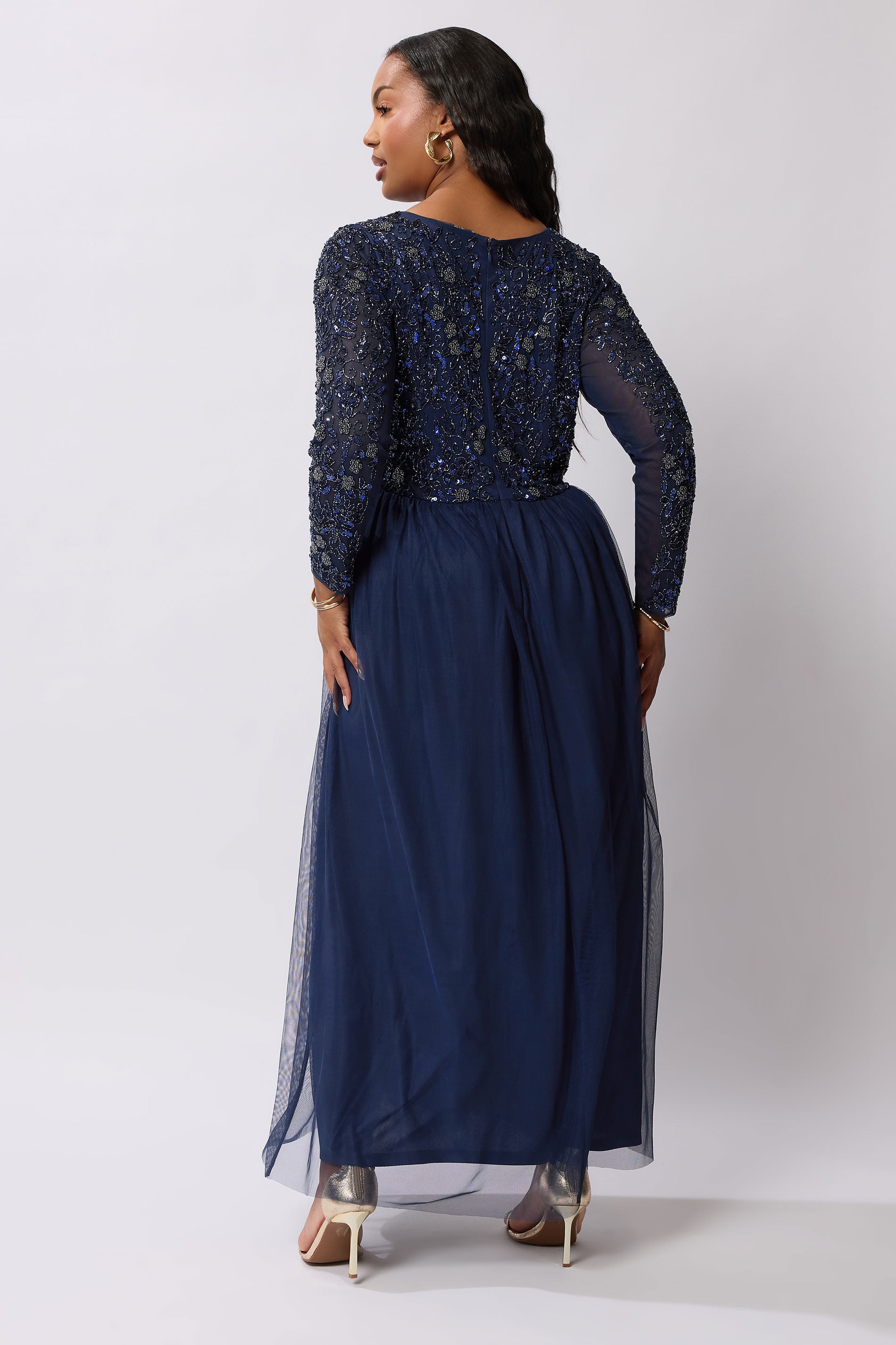 LUXE Plus Size Navy Blue Sequin Floral Hand Embellished Maxi Dress | Yours Clothing 2