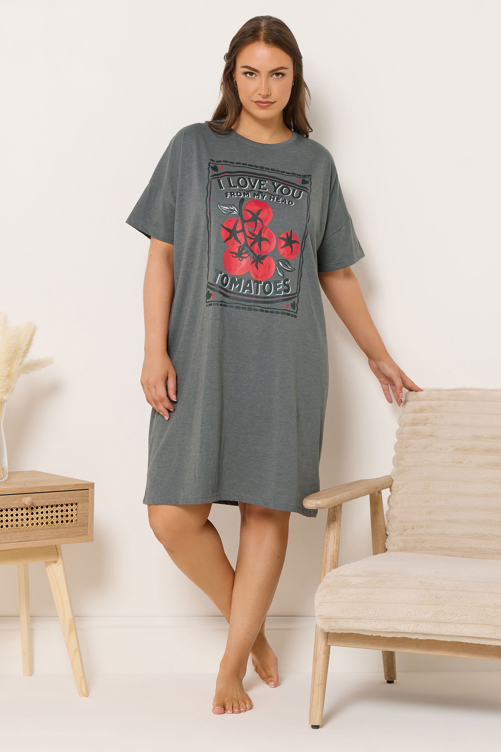 YOURS Plus Size Grey 'I Love You From My Head Tomatoes' Nightdress | Yours Clothing 3