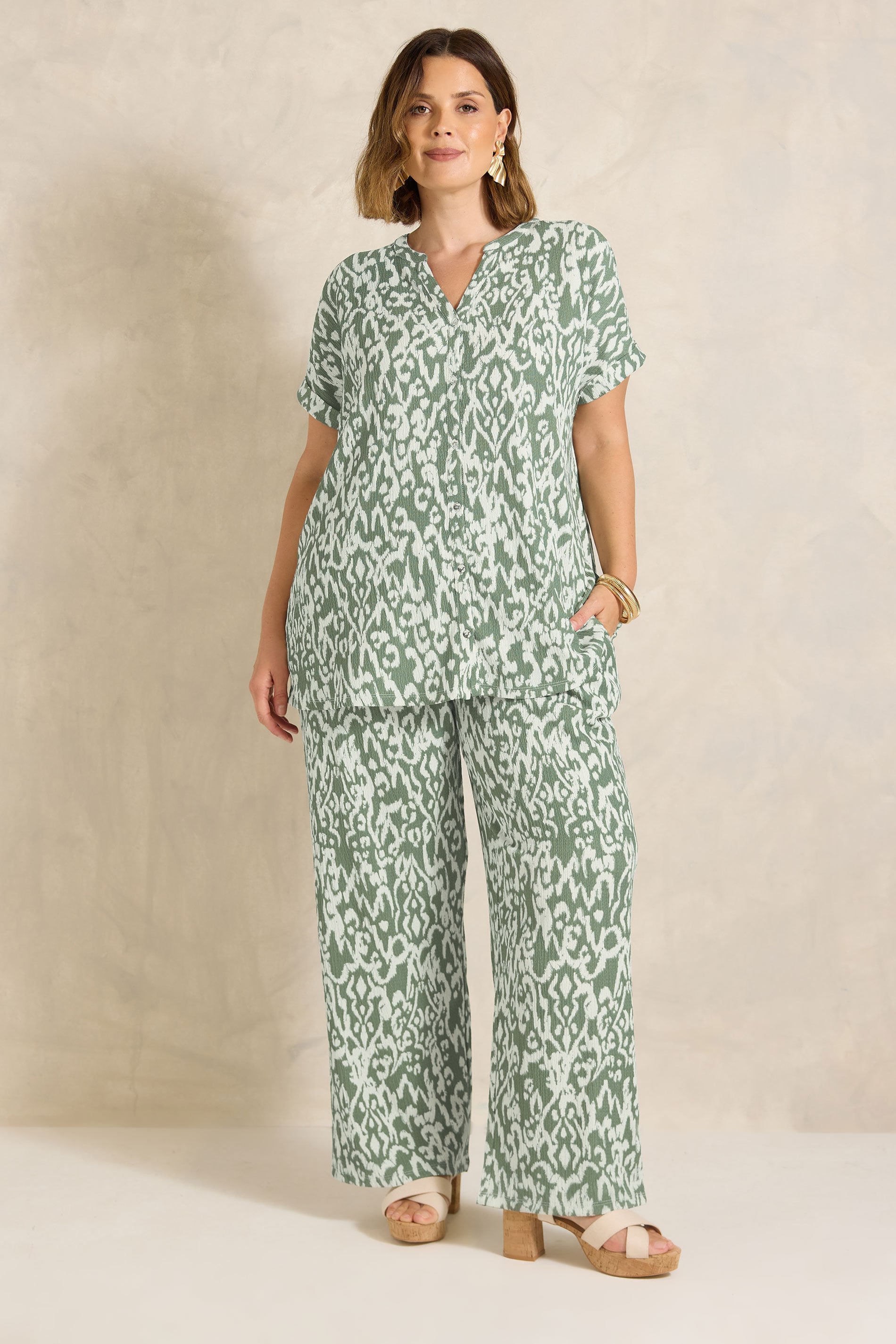 EVANS Plus Size Khaki Green Aztec Print Shirt | Evans 1