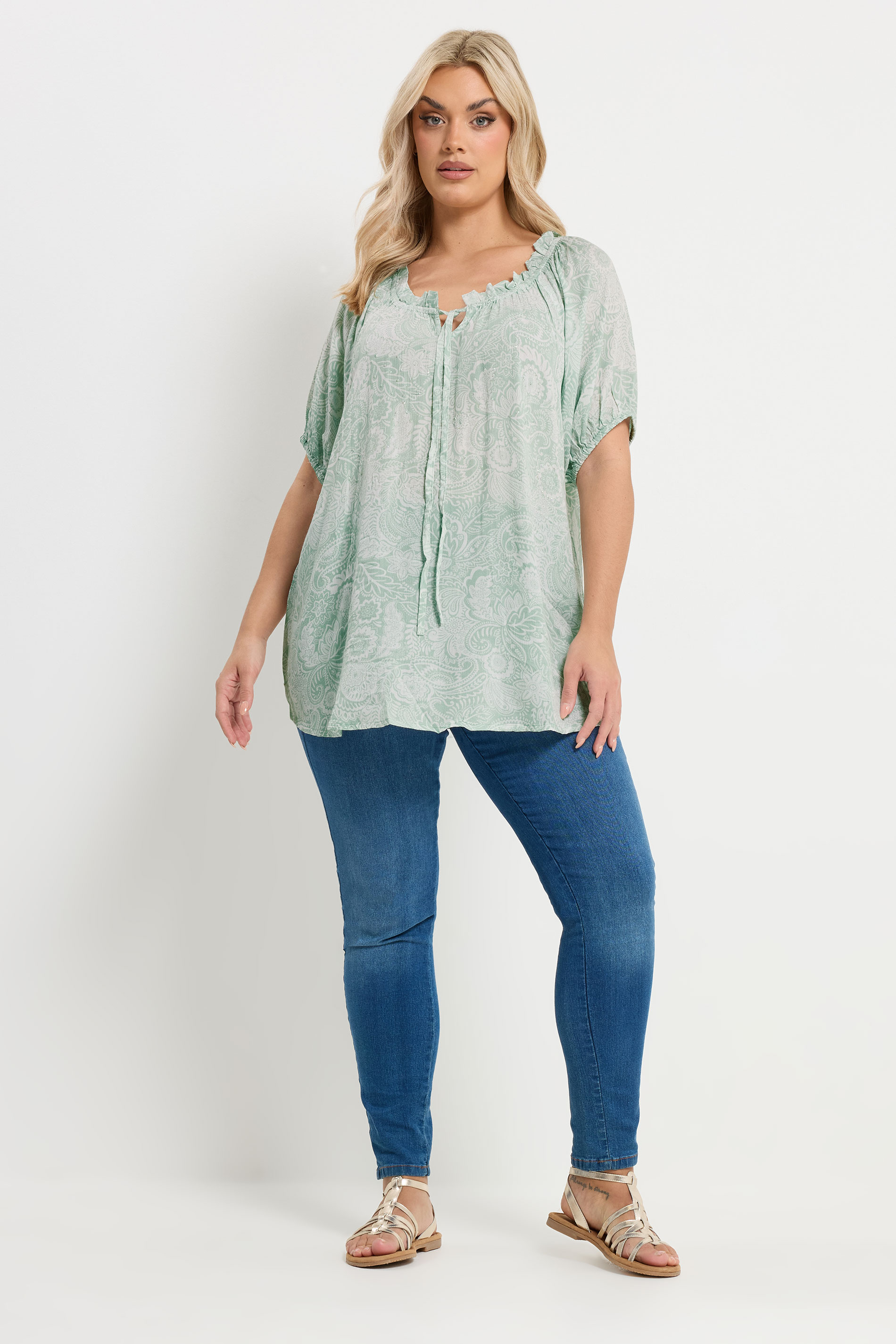 YOURS Plus Size Sage Green Textured Ditsy Floral Top | Yours Clothing 1