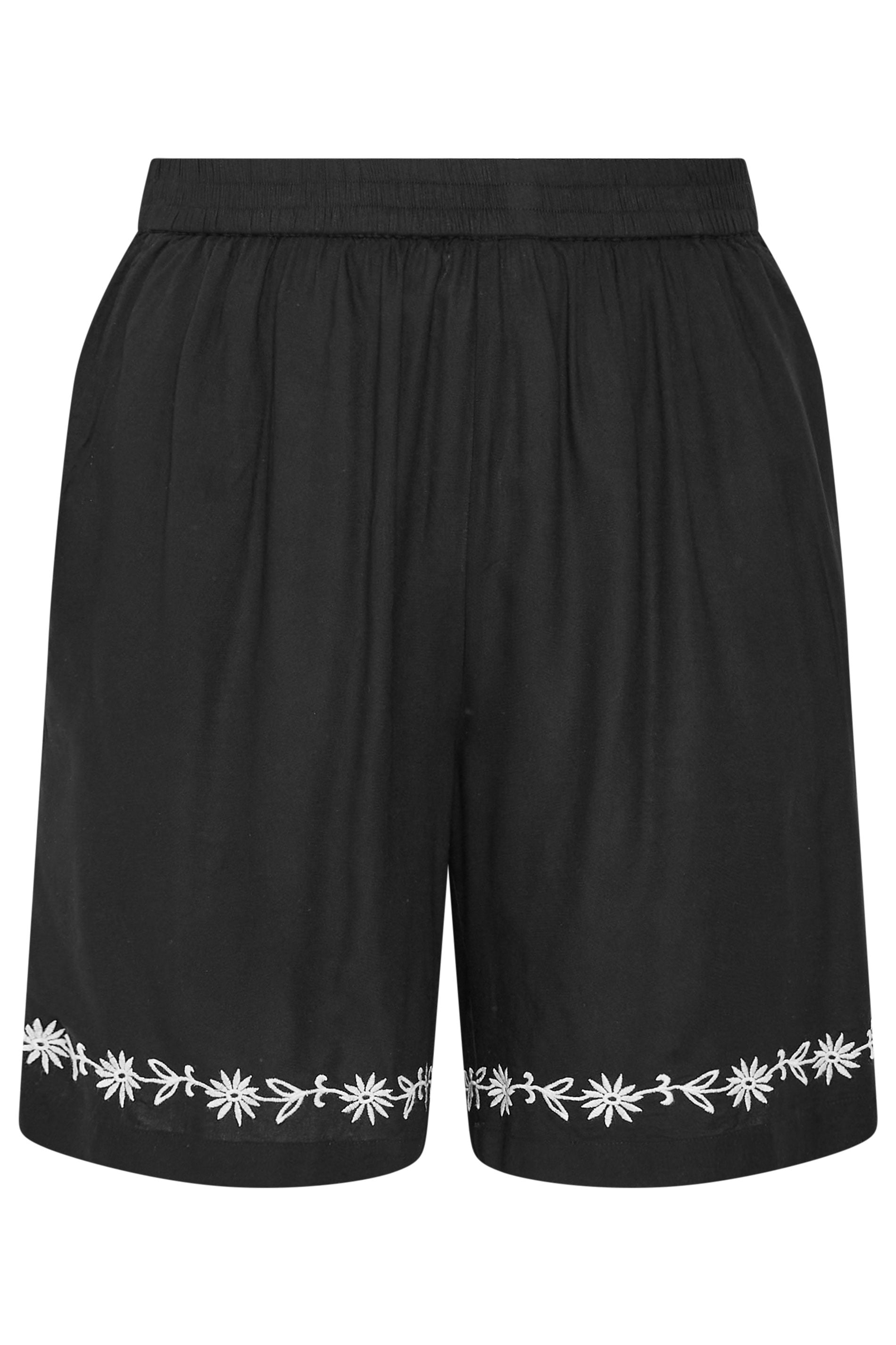 YOURS Plus Size Black Floral Embroidered Hem Shorts | Yours Clothing 5