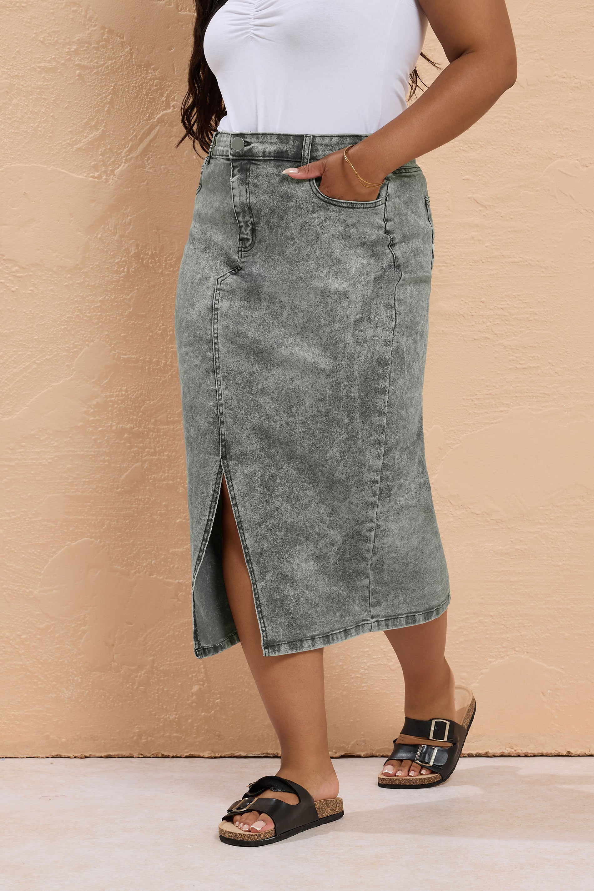 YOURS Plus Size Grey Acid Wash Denim Midaxi Skirt | Yours Clothing 3