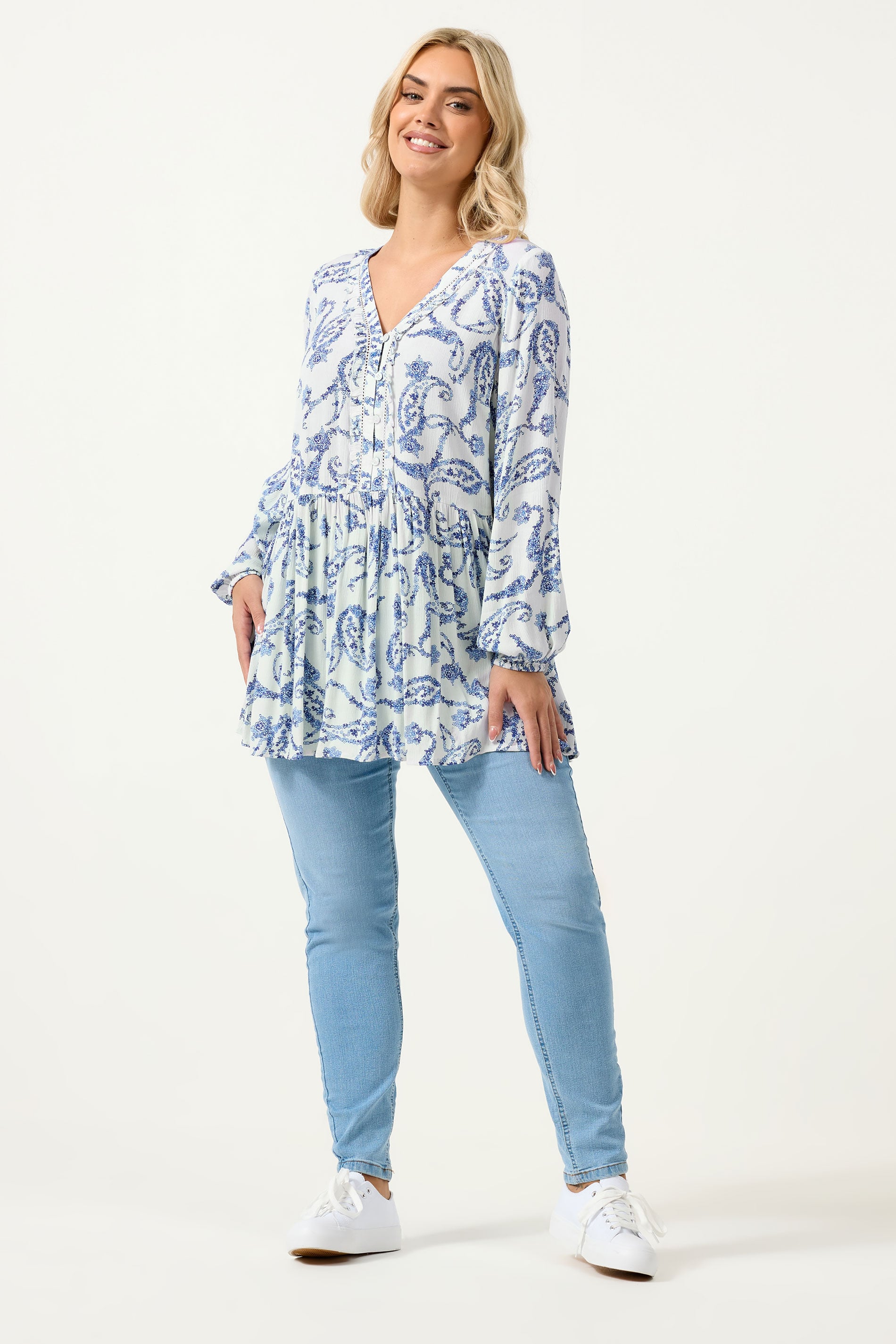 YOURS Plus Size Blue Paisley Print Ruffle Blouse | Yours Clothing 1