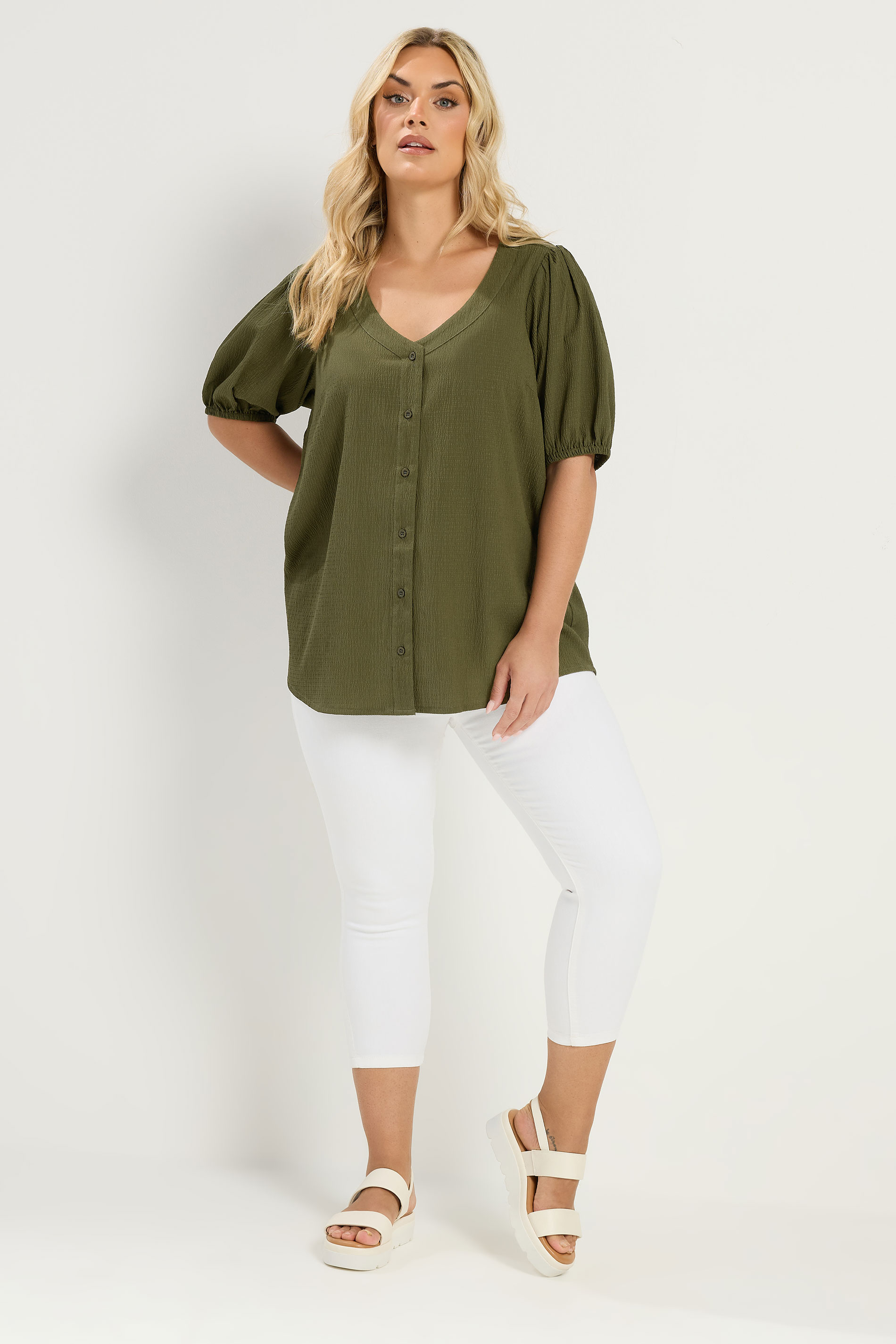 YOURS Plus Size Khaki Green Button Textured Blouse | Yours Clothing 1