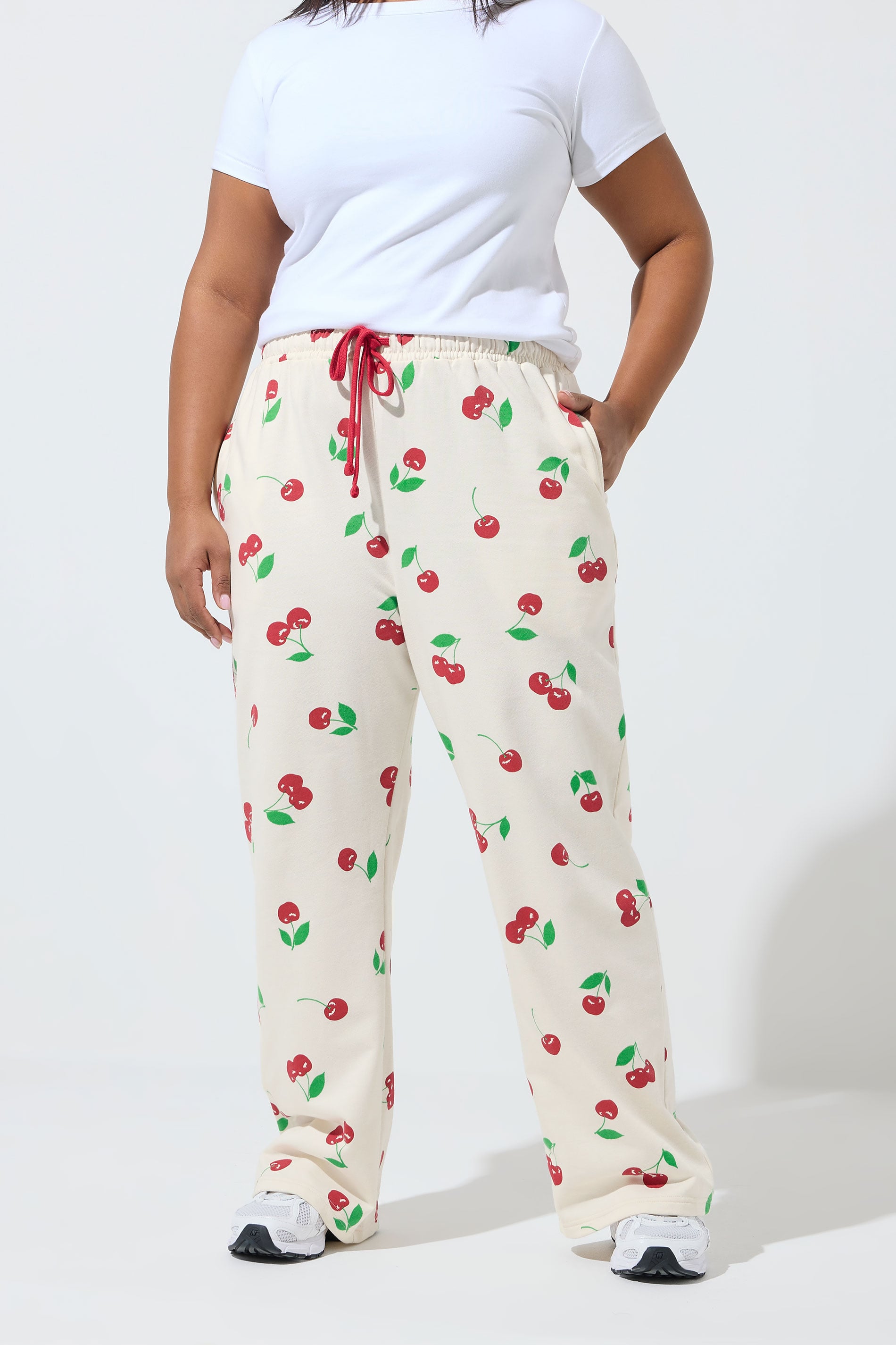 LIMITED COLLECTION Plus Size Cream Cherry Straight Leg Joggers | Yours Clothing 1