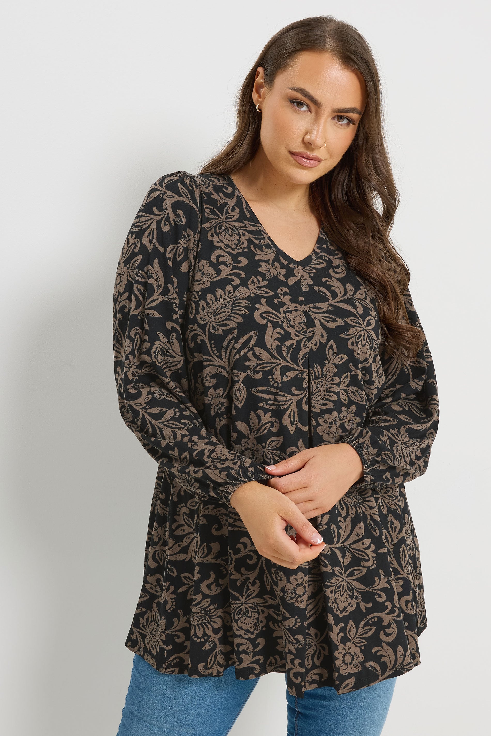YOURS Plus Size Brown Floral Pleat Front Top | Yours Clothing 3