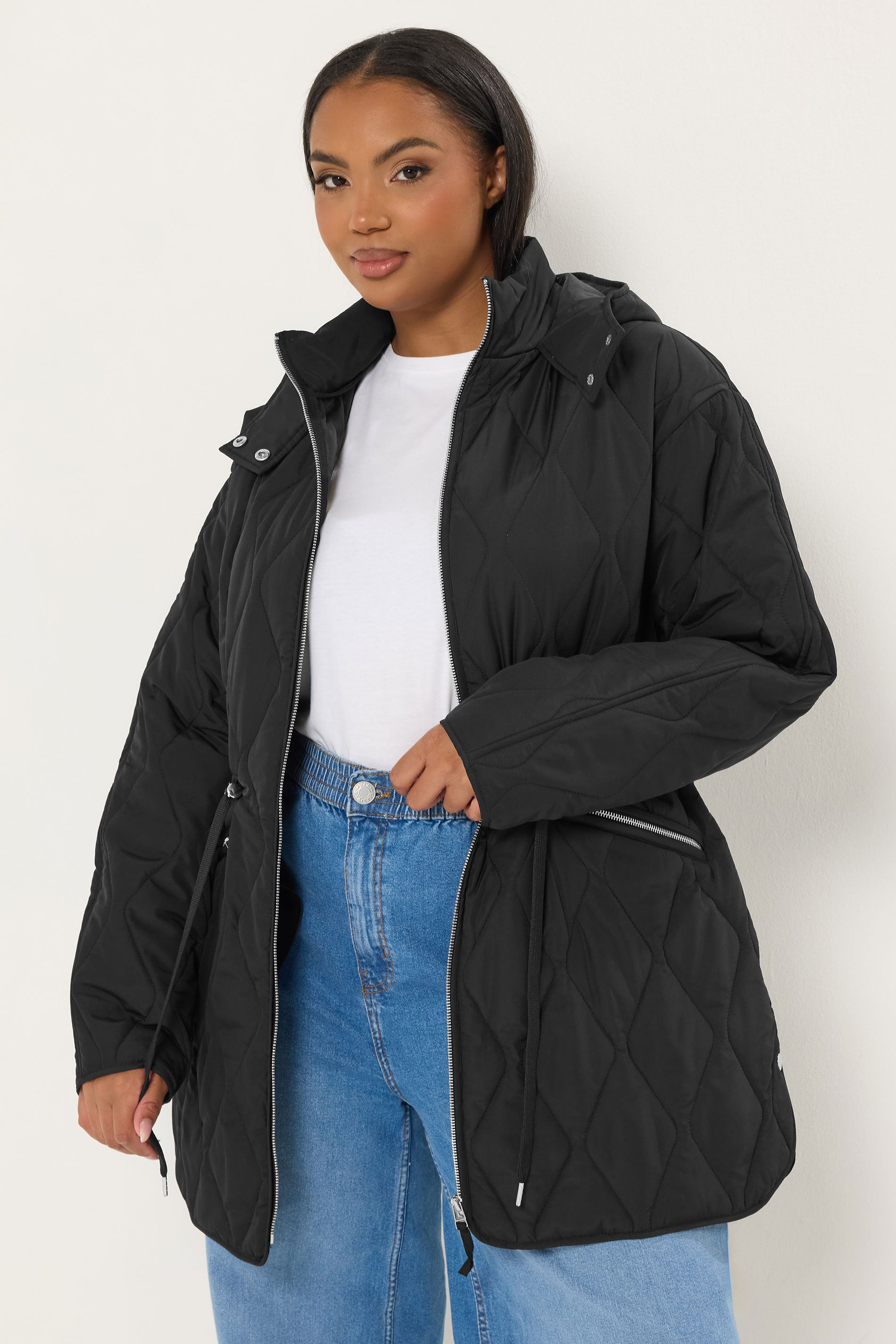 YOURS Plus Size Black Quilted Hooded Midi Coat | Yours Clothing 3