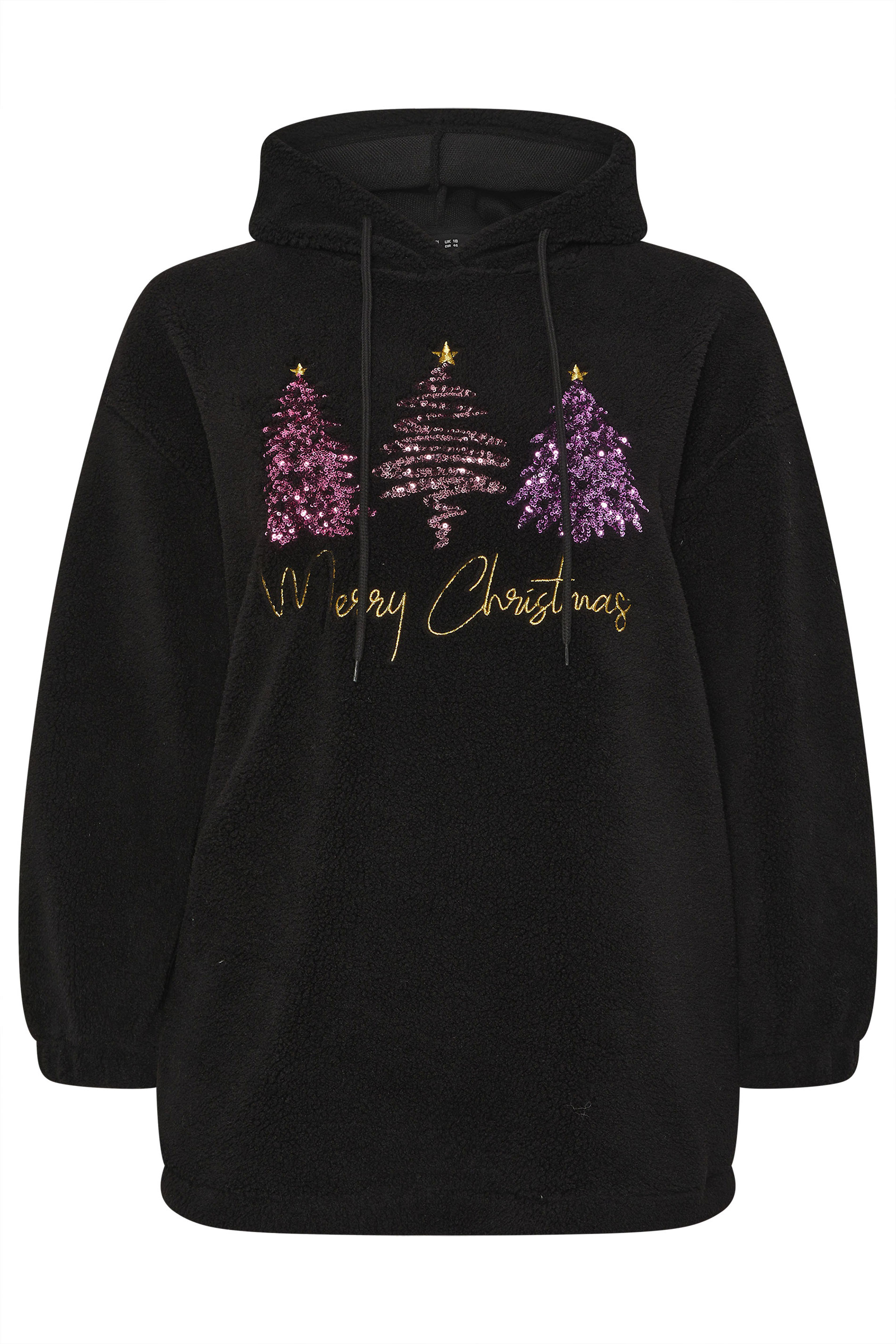 YOURS Plus Size Black 'Merry Christmas' Borg Novelty Hoodie | Yours Clothing 5