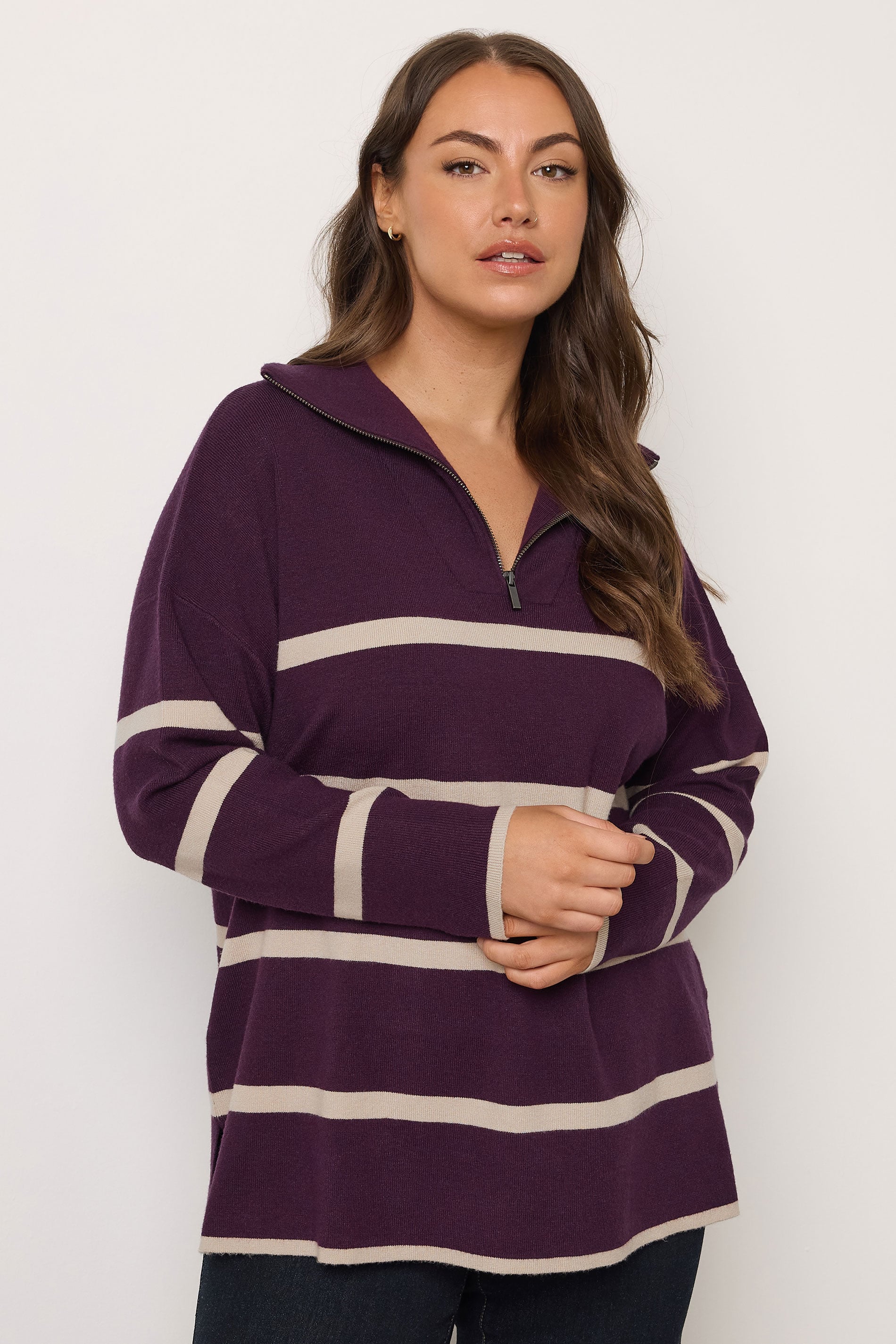 EVANS Plus Size Purple & White Stripe Quarter Zip Jumper | Evans  2