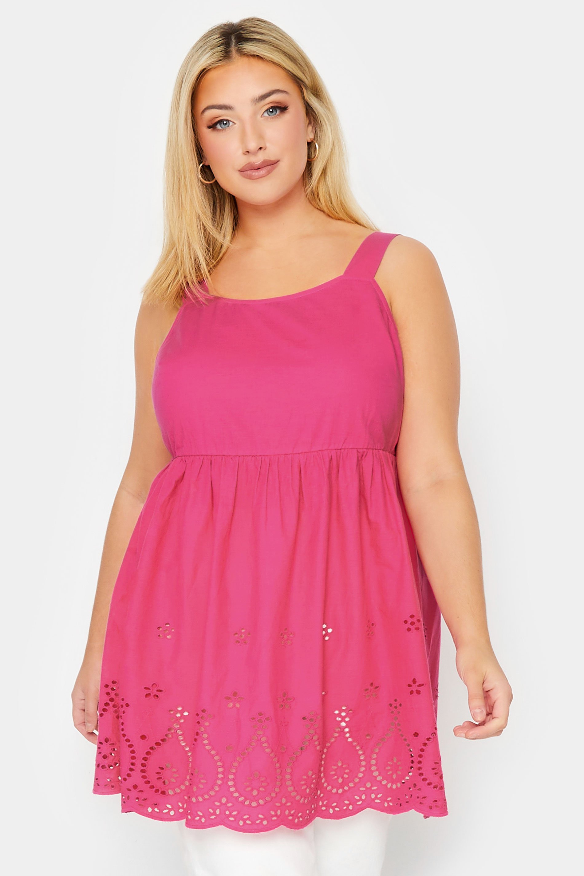 YOURS Plus Size Pink Broderie Anglaise Vest Top | Yours Clothing 1
