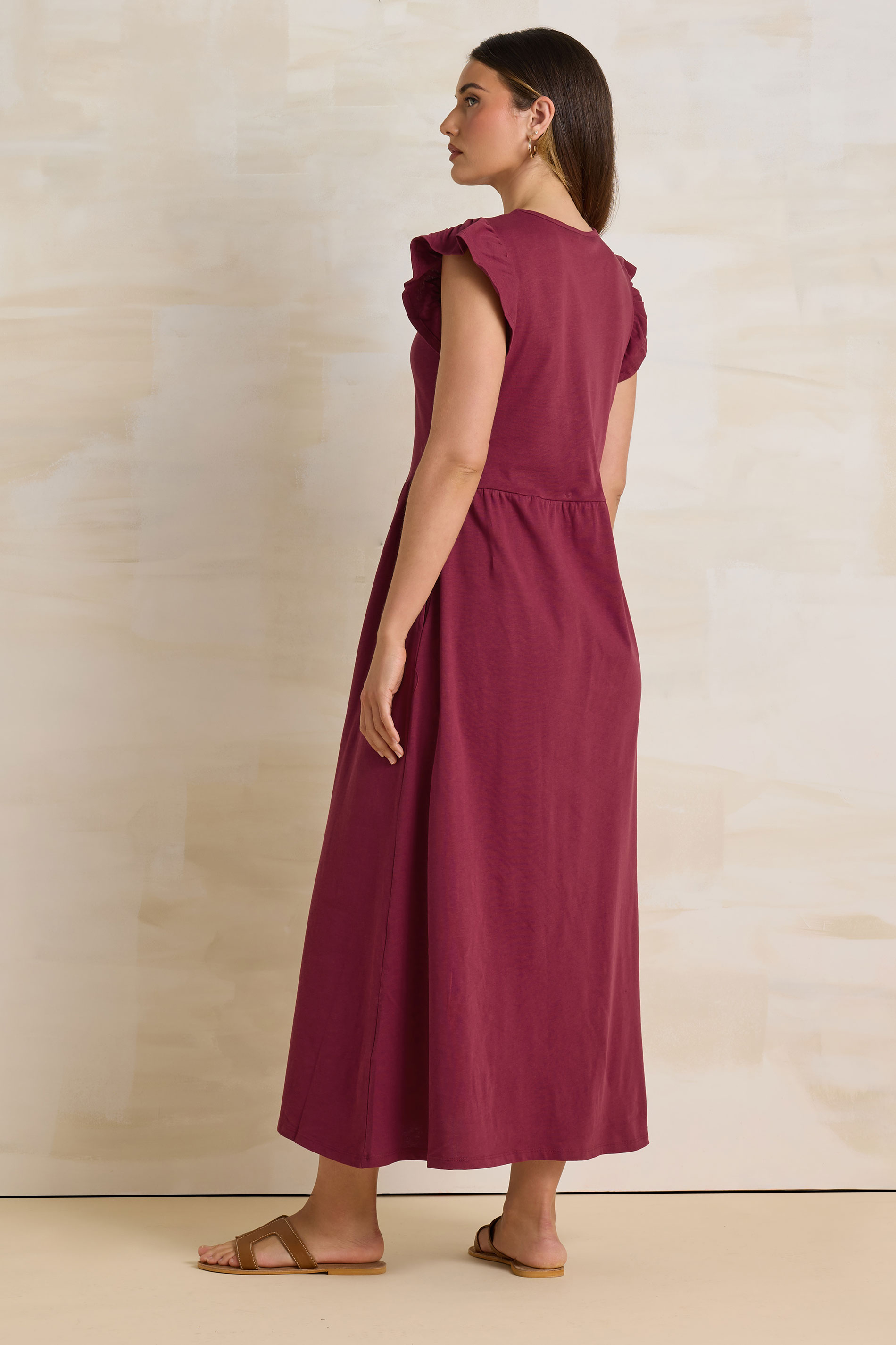 LTS Tall Dark Red Frill Sleeve Cotton Maxi Dress | Long Tall Sally 4