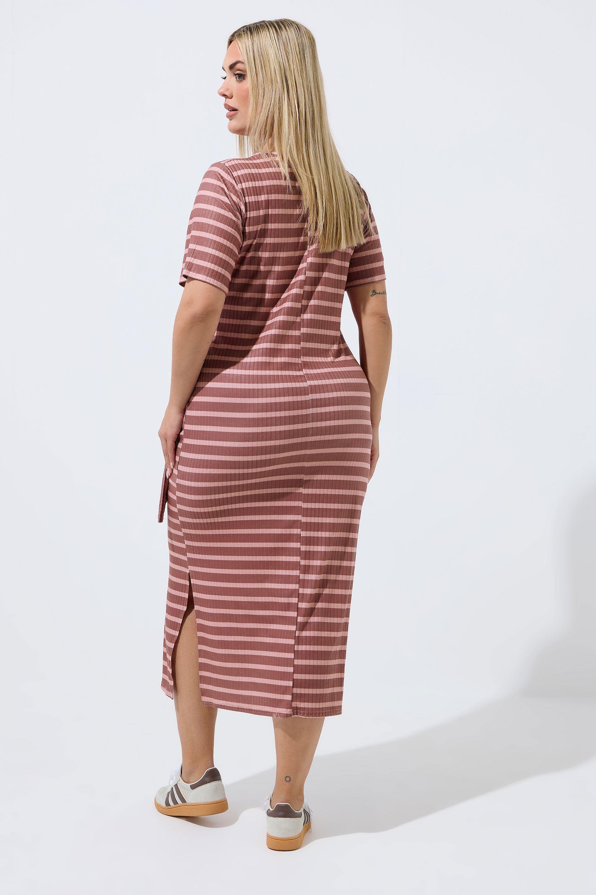 LIMITED COLLECTION Plus Size Pink Stripe Ribbed Knot Dress | Yours Clothing 2