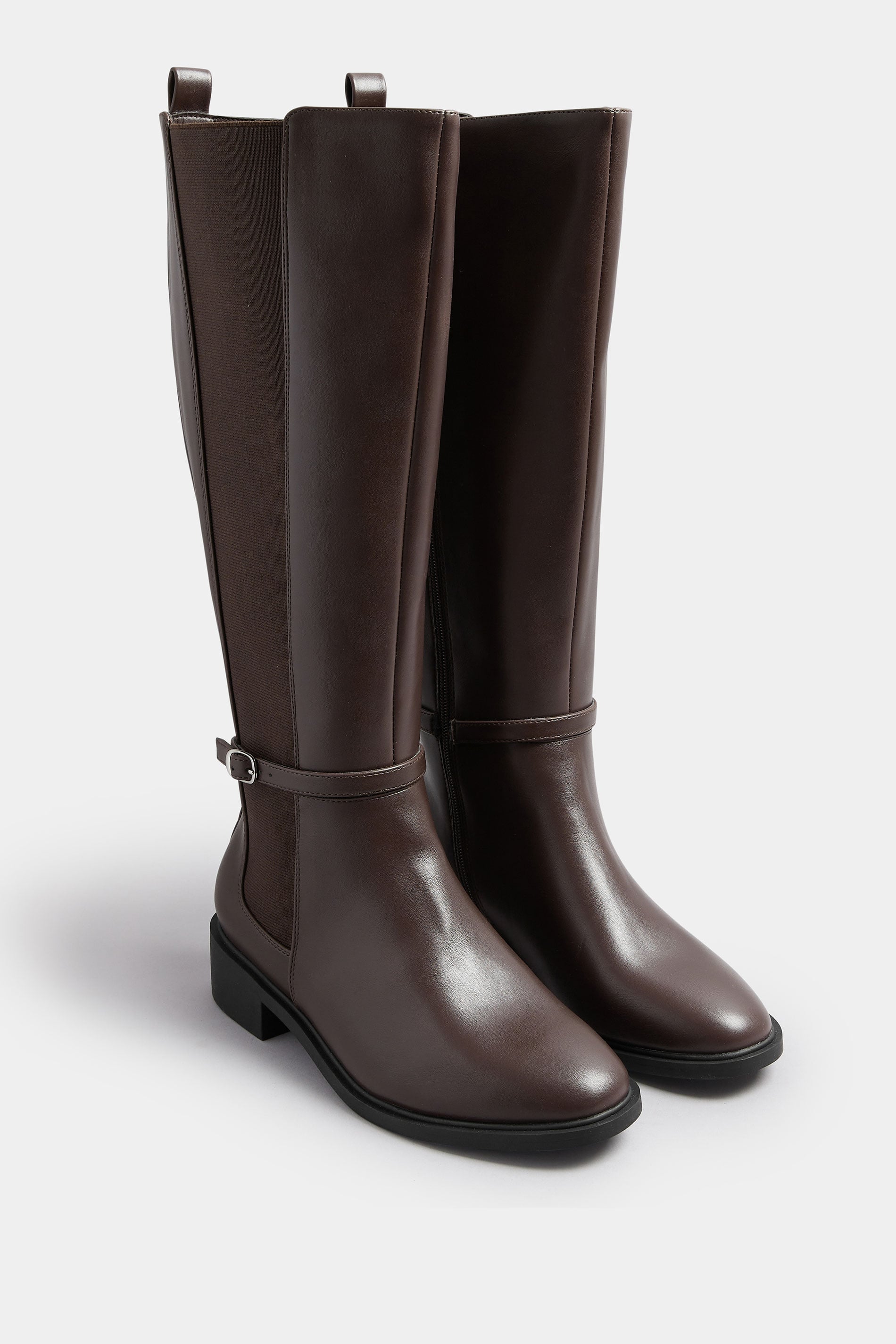 Brown Faux Leather Buckle Knee High Riding Boots In Extra Wide EEE Fit | Yours Clothing 1