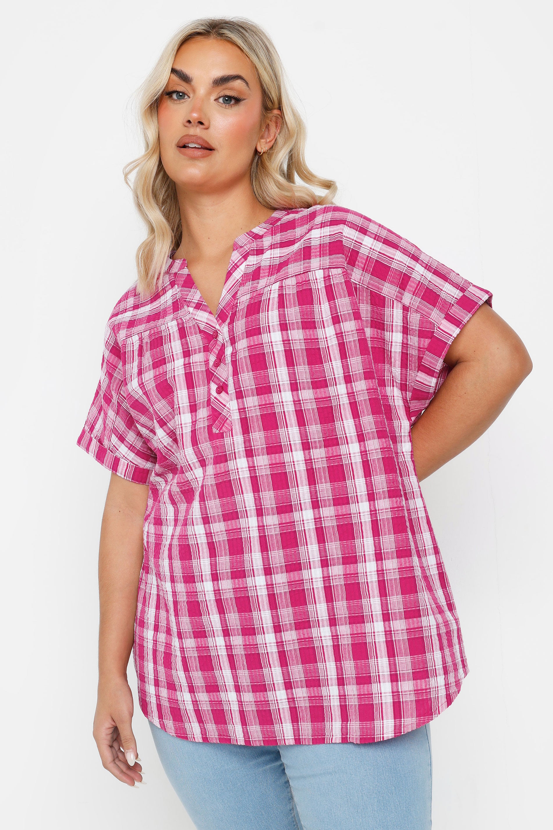 YOURS Plus Size Pink Check Print Textured Blouse | Yours Clothing 3