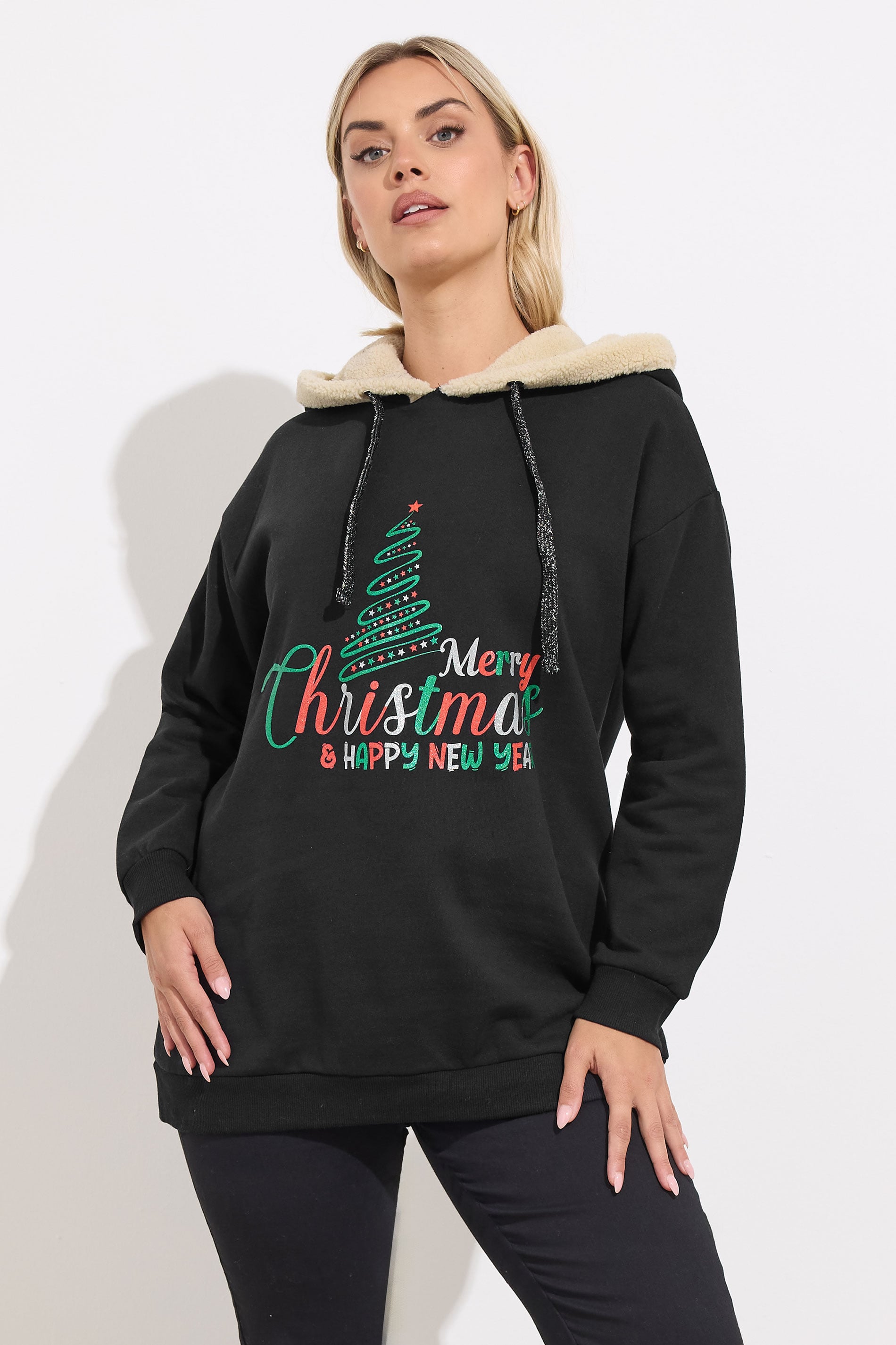 YOURS Plus Size Black 'Merry Christmas' Glitter Tree Novelty Hoodie | Yours Clothing 3