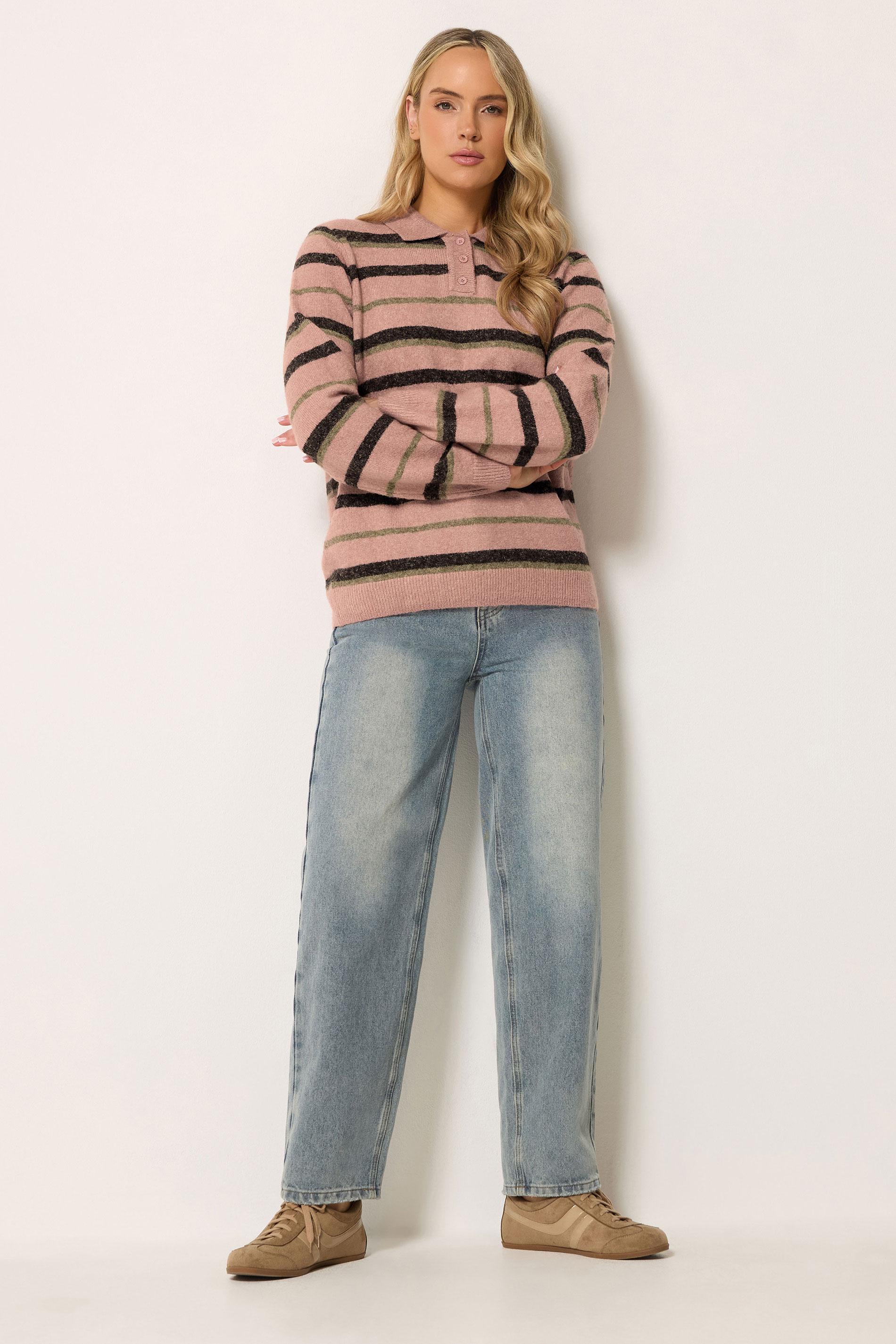 LTS Tall Women's Pink Stripe Knitted Polo Jumper | Long Tall Sally 1